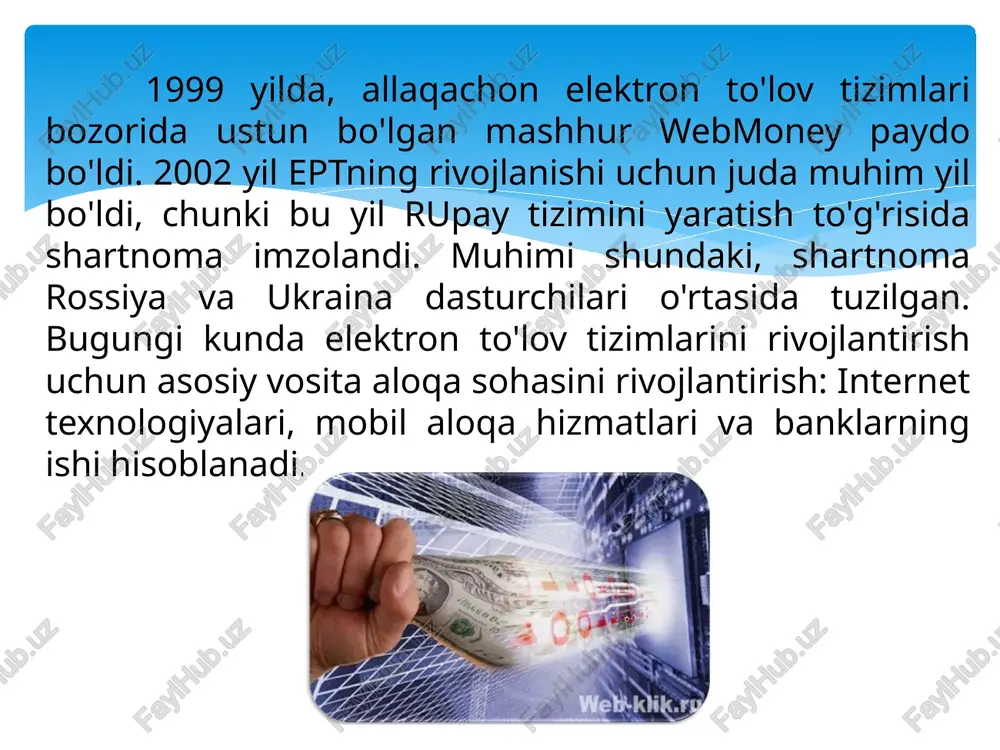 aoliyatiga bevosita ta'sir qiladi. naqd to'lov turi sifatida rivojlanib, ept allaqachon ijobiy tomonga ega bo'ldi. ko'pgina tashkilotlar va korxonalar ushbu to'lov tizimi asosiy bo'lgan internet-servislarni hisobga olmaganda, o'zlari uchun kerak bo`lgan elektron to'lov usulini tanladilar. tanlov natijasida hozirgi kunda samarali yutuqlarga erishib kelmoqdalar. xulosa image2.png image3.png image4.png image5.png image6.png /docprops/thumbnail.jpeg