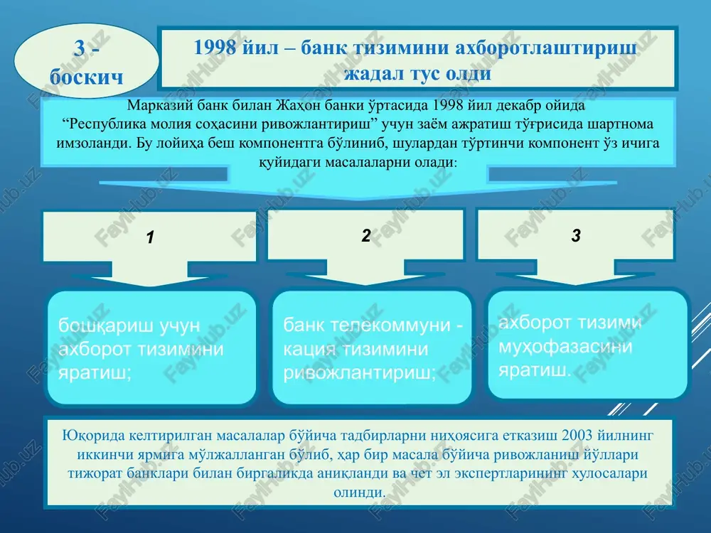 a va ularni o'rinli aktivlarga joylashtirishga, bank o'z filiallarini mavqeini tahlil qilib kerakli chora ko'rishga, bankning kunlik yagona balansi uning likvidliligini, tavakkalchiliklarini, majburiyatlarni, o'z kapitalini aniq ifoda etishga imkon beradi. shuningdek, jahon banki krediti hisobiga tuzilgan shartnomaga asosan bank telekommunikatsiya tarmog'ini rivojlantirish loyihasini amalga oshirish ishlari bajarilayapti, shuningdek, respublika moliya tuzilmalarini banklararo ma'lumot uzatish tarmog'iga ulash va o'zaro ma'lumot almashinuvining elektron tizimini yaratish bo'yicha ishlar olib borildi. 2004 yil o'zbekiston respublikasi vazirlar mahkamasining 2004 yil 24 sentyabrda qabul qilingan “plastik kartochkalar asosida hisob-kitob qilish tizimini yanada rivojlantirish chora-tadbirlari to'g'risida”gi 445–sonli qarori bilan ushbu tizimni kengaytirish borasidagi ilk reja ko'rsatkichlari, shuningdek to'lovlarni plastik kartochkalar orqali qabul qilish terminallari bilan jihozlanadigan ob'ektlar ro'yxati tasdiqlandi. shu bilan bir qatorda, mazkur qarorga muvofiq mamlakatda yagona umumrespublika protsessing markazi tashkil etildi. mazkur qarorga muvofiq, barcha tijorat banklari plastik kartochkalar tizimida ish olib borilishiga zamin yaratildi. 2006–2012 yillar barcha tijorat banklarida (dt xalq bankidan tashqari) yagona …
