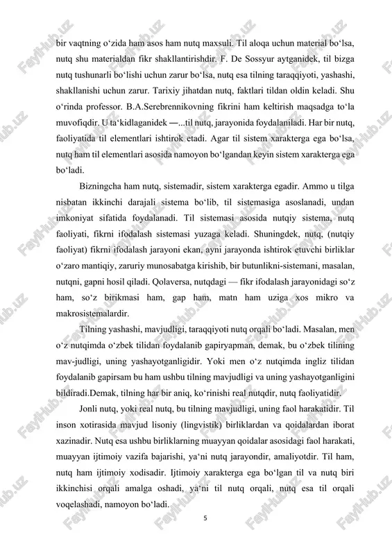 aviyasiga qarab, o‘ziga xos xususiyatlarga ega bo‘ladi. bundan esa nutqning individual-hodisa ekanligi kelib chiqadi. lekin biz yuqorida til ham, nutq ham ijtimoiy hodisa degan edik. gap shundaki, nutq haqiqatan ham individual. nutq, individual o‘zining bajarilishiga, sodir bo‘lishiga ko‘ra, ya‘ni u individ, alohida kishi tomonidan amalga oshadi. ammo o‘zining vazifasiga ko‘ra esa nutq ijtimoiydir. demak, nutq — individual deganda, uning individ alohida shaxs tomonidan amalga oshirilishi, bajarilishi ko‘zda tutilsa, nutq - ijtimoiy deganda, uning ahamiyati, vazifasi, ommaviyligi tushuniladi. ijtimoiy ahamiyatga ega bo‘lgan tilni ham ma‘lum ma‘noda individual deyish mumkin. chunki til materiali (elementlari, birliklari) psixikada, xotiramizda mavjud. shuning uchun ham s.usmonov: ―til elementlari jamiyat a‘zolarining xotirasida... mavjud, deydi. demak, til individual nutq, shaklida faoliyat ko‘rsatadi. til va nutq ham ijtimoiy ham individual. tildagi ijtimoiylik nutq, orqali namoyon bo‘ladi. tildagi ijtimoiylik yashirin, ichki hodisa bo‘lsa, nutqdagi ijtimoiylik tashqi, real hodisadir. til mavhumdir, nutq esa aniqdir, ya‘ni nutqni eshitamiz, akustik qabul qilamiz va …