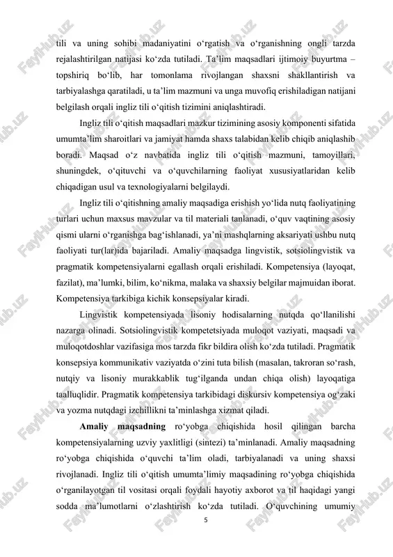 tashkil etadi. [footnoteref:2]tarbiyaviy maqsad asosan, ikki yo‘l bilan ro‘yobga chiqariladi: [2: obsheevropeyskie kompetentsii vladeniya inostrannim yazikom: izuchenie, obuchenie, otsenka. – m.: mglpu. sarma, 2005. – 248 s. ] (1) bevosita chet tilda salomlashish, xayrlashish, predmet va hodisalarning nomlarini bilish, she’r va ashula aytish, o‘yinlar bajarish kabilar, ayniqsa, dastlabki darslarda o‘quvchilarga ancha qiziqarli yumush sanaladi; (2) muloqot chog‘ida bir-birlariga odob doirasida munosabat bildirish, xatti-harakatlarini sharhlay olish, audio matn va grafik matnlardan olinadigan axborotlar beqiyos tarbiyaviy ahamiyat kasb etadi. darsdan tashqari o‘quv tadbirlarining ham tarbiyaviy ahamiyati cheksiz. ingliz tili o‘qitishning rivojlantiruvchi maqsadi. didaktikadagi rivojlantiruvchi ta’lim ma’nosi bilan hamohang bo‘lib, o‘quvchi shaxsining aqliy, hissiy va motivatsion jihatlarini rivojlantirishni ifodalaydi. o‘quvchi intellektual va ma’naviy oziqa oladi, nutqiy muloqotda o‘z hissiyotini sinab ko‘radi, muloqotdosh (o‘quvchi, muallim, diktor va b.)lar fikrini bilish va o‘z fikrini bayon etish orqali uning shaxsi kamol topib boradi. ta’lim jarayonida, jumladan, ingliz tili o‘rganishda me’yordagi lisoniy va nutqiy qiyinchiliklarni yengib o‘tish …
