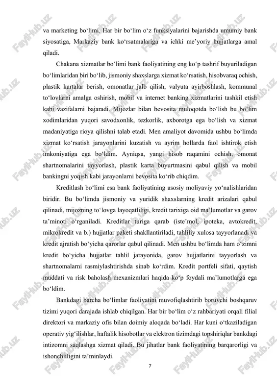qabul qilinadi, mijozning to‘lovga layoqatliligi, kredit tarixiga oid ma’lumotlar va garov ta’minoti o‘rganiladi. kreditlar turiga qarab (iste’mol, ipoteka, avtokredit, mikrokredit va b.) hujjatlar paketi shakllantiriladi, tahliliy xulosa tayyorlanadi va kredit ajratish bo‘yicha qarorlar qabul qilinadi. men ushbu bo‘limda ham o‘zimni kredit bo‘yicha hujjatlar tahlil jarayonida, garov hujjatlarini tayyorlash va shartnomalarni rasmiylashtirishda sinab ko‘rdim. kredit portfeli sifati, qaytish muddati va risk baholash mexanizmlari haqida ko‘p foydali ma’lumotlarga ega bo‘ldim. bankdagi barcha bo‘limlar faoliyatini muvofiqlashtirib boruvchi boshqaruv tizimi yuqori darajada ishlab chiqilgan. har bir bo‘lim o‘z rahbariyati orqali filial direktori va markaziy ofis bilan doimiy aloqada bo‘ladi. har kuni o‘tkaziladigan operativ yig‘ilishlar, haftalik hisobotlar va elektron tizimdagi topshiriqlar bankdagi intizomni saqlashga xizmat qiladi. bu jihatlar bank faoliyatining barqarorligi va ishonchliligini ta’minlaydi. amaliyot davomida men bank ichki muhitidagi real ish jarayonlari bilan bevosita tanishib, o‘zim uchun bank tizimining ichki tuzilishi, mas’uliyat taqsimoti, xodimlar o‘rtasidagi muloqot madaniyati va hujjatlar yuritilishining tartibi kabi muhim jihatlarni …