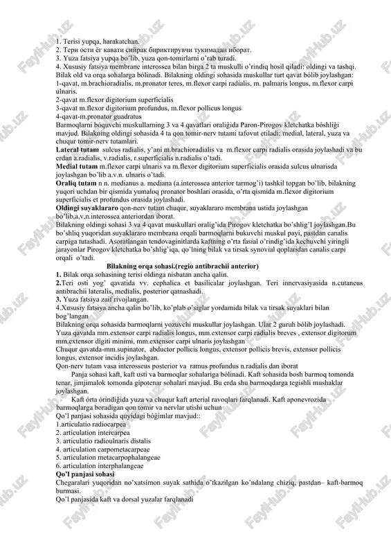 dingi-medial,orqa lateral a.axillaris joylashadi. bu uchburchakda a.axillarisdan a. thoracica lateralis tarmoqlanadi.elka chigali bu sohada lateral, medial va orqa tutamlarga ajraladi. trig, subpectoraleda vena arteriyaga nisbatan medaalloqda joylashadi.oldinda arteriyaga n.medianus tegib turadi. arteriyadan medial tomonda elka chigalining medial tutamidan ajralib chiquvchi n.ulnaris, n.cutaneus antibrachii medialis, n.cutaneus brachii medialislar joylashadi. qo’ltiq osti arteriyasidan bu uchburchakda yirik tarmoqlar: a. subscapularis , a. circumflexa humeri anterior i a. circumflexa humeri posterior ajraladi. kultik osti chukurchasining orqa devori. qo'ltiq osti chuqurchasining orqa devorida 2 ta teshik mavjud bulib, undan qon-tomir nervlar o'tadi. to’rt tomonli teshik chegaralalanadi: 1. yuqoridan – kurak osti mushagi qirrasi; 2. pastdan – orqaning serbar muskul payi; 3. medial– elkaning uch boshli muskuli payi; 4. lateral – elka suyagining bo’yinchasi. bu teshikdan n.axillaris, a.circumflexia humeri posterior o’tadi. n.axillaris elka bo’gimi kapsulasini kesib o’tganligi sababli, elka bo’g’imi chiqishlarida bu nerv siqilishi kuzatiladi. uch tomonli teshik chegaralalanadi: 1. yuqoridan – kurak osti mushagi i; …