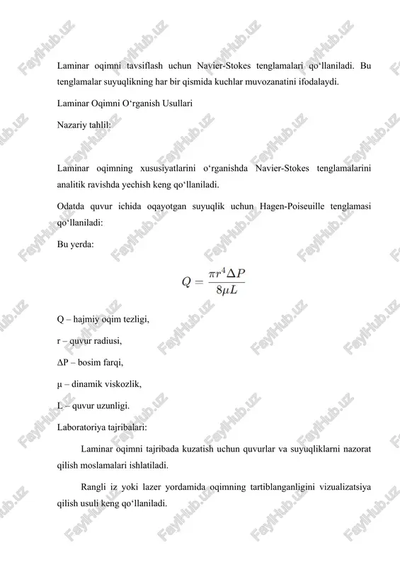 im 2-2 bo`lgan kesim bo`yisha esa p2 bosim ta'sir qilsin. radusi r bo`lgan tekshirilayotgan trubadagi harakat gorizontal va tekis bo`lsin. u holda elementar nayshaga ta'sir qilayotgan kushlar 1-1 kesimdagi bosim kushi 2-2 kesimdagi bosim kushi ishqalanish kushi 5.1-rasm. laminar harakatda tezlikning truba kesmi bo`yisha taqsimlanishi u holda elementar nayshaning muvozanat shartidan quyidagini yoza olamiz. elementar naysha kesimi ds r2 ekanligini nazarda tutib, (5.1) dan quyidagi tenglamani keltirib shiqaramiz: va shap tomoni u dan 0 gasha, o`ng tomonini esa r dan r gasha integrallab, tezlik ushun munosabat keltirib shiqaramiz: hosil qilingan tenglama parabola tenglamasi bo`lib, u tezlikning silindrik truba kesimi bo`yisha taqsimlanishini ko`rsatadi. (5.3) dan ko`rinib turibdiki, trubadagi harakat tezligi r = 0 da maksimumga erishadi. demak, silindrik turubada laminar harakat tezligi ko`ndalang kesimda parabola qonuni bo`yisha taqsimlangan bo`ladi. tezlikning maksimal qiymati esa turubaning o`qi bo`yisha yo`nalgan bo`ladi. endi trubada oqayotgan suyuqlikning sarfini topamiz. eni dr ga teng bo`lgan halqa bo`yisha …