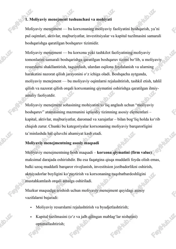 mentning mohiyati shundaki, u iqtisodiy resurslarni eng samarali tarzda joylashtirish, ularning aylanishini tezlashtirish va foydani ko‘paytirish jarayonlarini boshqaradi. bu boshqaruv jarayoni uzluksiz va tizimli ravishda amalga oshadi hamda quyidagi asosiy funksiyalarni o‘z ichiga oladi: 1. moliyaviy rejalashtirish (strategik va operativ): korxonaning uzoq va qisqa muddatli moliyaviy maqsadlarini aniqlash, daromadlar va xarajatlar balansini tuzish, investitsiya manbalarini rejalashtirish. 2. moliyaviy tashkil etish: moliyaviy resurslarni jalb qilish, taqsimlash va ulardan foydalanish mexanizmlarini ishlab chiqish. bu bosqichda kapital tuzilmasi, kredit siyosati va investitsiya strategiyasi belgilanadi. 3. moliyaviy nazorat: rejalashtirilgan ko‘rsatkichlarning bajarilishini kuzatish, moliyaviy ko‘rsatkichlar tahlili, buxgalteriya ma’lumotlarini baholash, rentabellik va likvidlikni nazorat qilish. 4. moliyaviy tahlil: korxonaning moliyaviy holatini, foydalilik, likvidlik, barqarorlik va rentabellik darajasini matematik va iqtisodiy ko‘rsatkichlar asosida tahlil qilish. 5. moliyaviy qaror qabul qilish: investitsiya loyihalari, kapital sarflari, kredit olish yoki berish, dividend siyosati va risklarni kamaytirish bo‘yicha aniq iqtisodiy qarorlarni ishlab chiqish. moliyaviy menejmentning zamonaviy tamoyillari zamonaviy moliyaviy menejment quyidagi …