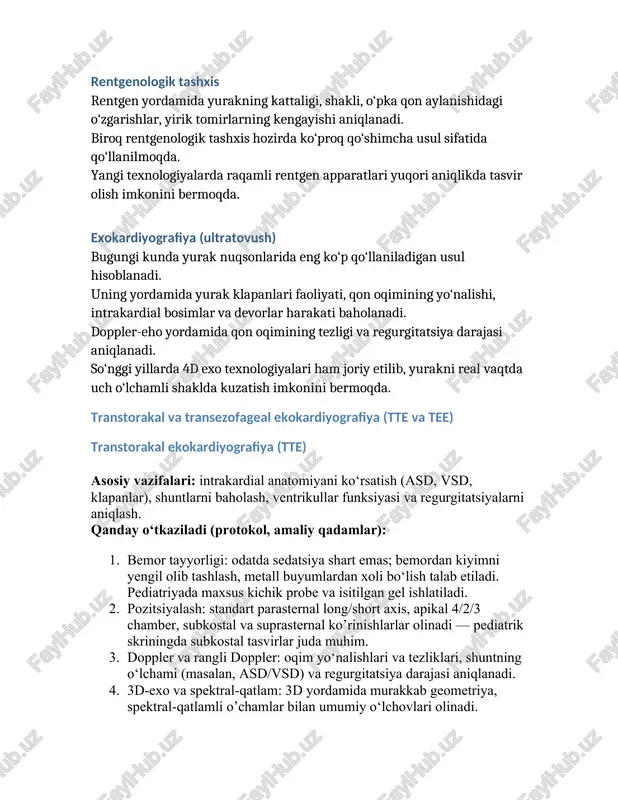 iya: ecg-gated (heart-rate gating) imidj olish — motion artefaktini kamaytiradi. 4. post-processing: multiplanar reconstrusiya (mpr), maximum intensity proyeksiya (mip), hajm 3d-tasvir — jarrohlar uchun modellash. xavfsizlik masalalari: ionizatsion nurlanish , kontrast-nefrotoksiklik; pediatriyada dozani optimallashtirish zarur. magnit-rezonans tomografiya (mrt) mrt – yurak tuzilishi, klapanlar, qon oqimi va perfuziya haqida eng aniq ma’lumot beruvchi usul hisoblanadi. ayniqsa, bolalar va murakkab tug‘ma yurak nuqsonlarida katta ahamiyatga ega. mrt kontrastli angiografiya bilan birgalikda yurak patologiyalarini aniqlashda yuqori samaradorlik ko‘rsatadi. yangi texnologiyalar – dinamik mrt, stress-mrt yurak faoliyatini yanada chuqur baholash imkonini bermoqda. yurak magnit-rezonans (cmr / cardiac mri) roli va afzalliklari · hajmiy o‘lchovlarda (rv/lv hajmlari va ejeksiya fraktsiyasi) oltin standart; oqim kvantifikatsiyasi (phase-contrast), to‘qima xarakterizatsiyasi (t1/t2 xarita, lge) imkoniyatlari. ionizatsion nurlanish yo‘q. qanday o‘tkaziladi (protokol, bosqichlar) 1. pasientni tayyorlash: metall implantlar, pacemaker/icd holatini tekshirish; ba’zi holatlarda sedatsiya yoki umumiy anesteziya kerak (bolalar). 2. monitoring: ekg gating va nafas ko‘rsatkichlariga mos keluvchi sekanslar; monitoring …