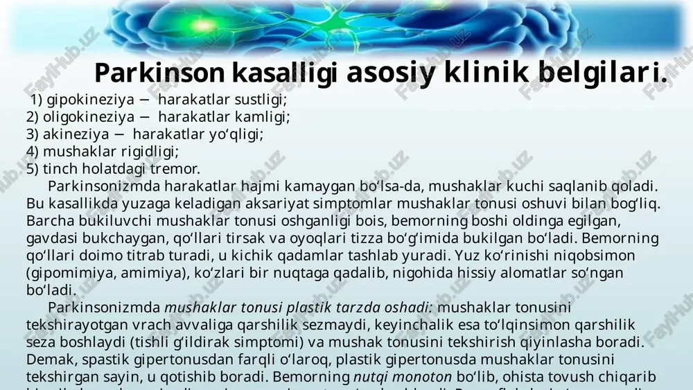 korrektsiya qilishda amitriptilin (75-100 mg) qo‘llanilishi mumkin. 8) glaukomada levodofa va xolinolitiklarni tavsiya etib bo‘lmaydi. *- dra -dofaminergik retseptor antagonistlari. 9 kunlar qabul qilish vaqti, soati dozasi, mg dastlabki 3 kun 1/2 tabl. kuniga 2 mahal 250 mg 4-6 kunlar 1 tabl kuniga 2 mahal 500 mg 7–10 kun 1 tabl. kuniga 3 mahal 750 mg 10 kundan so‘ng 1 tabl. kuniga 4 mahal 1000 mg izoh. ijobiy natijaga erishilgach dorining dozasini oshirib borish shart emas. bir kunlik dozasi 8 tabletkadan oshmasligi kerak nakom-250 (tidometni) tavsiya etish tartibi kunlar qabul qilish vaqti, soati dozasi, mg 1– 3 1 tabl. ertalab 100 4–6 1 tabl. kuniga 2 mahal 200 7–14 1 tabl. kuniga 3 mahal 300 14 kundan so‘ng 2 tabl. ertalab 1 tabl. va 1 tabl kechasi 200 100+100 izoh. bu erda ko‘rsatilgan dozalar madopar tarkibidagi levodofa dozalari. samarasi 3–7 kundan keyin bilina boshlaydi. uzoq vaqt ta’sir qiluvchi dorilar (sinemet-cr …