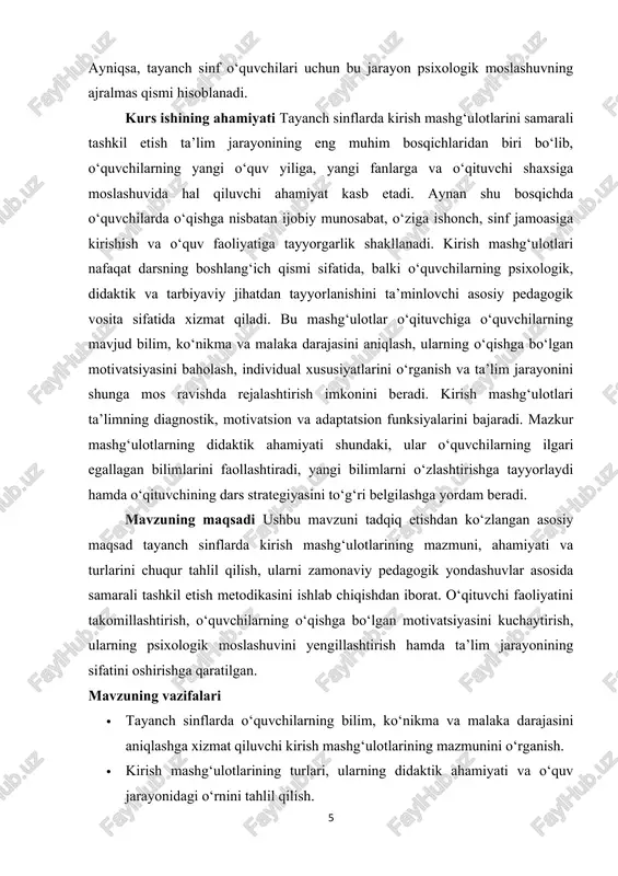 mazkur bosqich o‘quvchilarning shaxsiy, aqliy va ijtimoiy rivojlanishiga bevosita ta’sir ko‘rsatadi. shu sababli tayanch sinflarda olib boriladigan o‘quv-tarbiyaviy jarayon ta’lim tizimining eng muhim va mas’uliyatli davri sanaladi. tayanch sinflarda ta’lim jarayoni o‘quvchining individualligini, qiziqishlarini va psixologik xususiyatlarini hisobga olgan holda tashkil etiladi. bu davrda o‘quvchilar maktab muhitiga moslashadilar, o‘qish faoliyatiga kirishadilar va yangi ijtimoiy rol – “o‘quvchi” maqomini o‘zlashtiradilar.[footnoteref:2] shu bois, pedagogik yondashuvlar, metodik ta’sir vositalari va darsning har bir bosqichi, xususan kirish mashg‘ulotlari o‘quvchini ruhiy va aqliy jihatdan ta’lim jarayoniga tayyorlashga qaratilgan bo‘lishi lozim. [2: hasanboeva o. va boshqalar. pedagogika nazariyasi va tarixi. — t.: fan va texnologiya, 2018.] pedagogik nuqtai nazardan, tayanch sinf o‘qituvchisining asosiy vazifasi – o‘quvchilarda o‘qishga bo‘lgan ijobiy munosabatni shakllantirish, ularning mustaqil fikrlashini rag‘batlantirish va o‘quv faoliyatini tizimli yo‘lga qo‘yishdan iborat. aynan shu davrda bola o‘zining o‘rganish strategiyasini, diqqatni jamlash, eslab qolish va mantiqiy tahlil qilish ko‘nikmalarini rivojlantira boshlaydi. tayanch sinflarning pedagogik ahamiyati shundaki, bu …