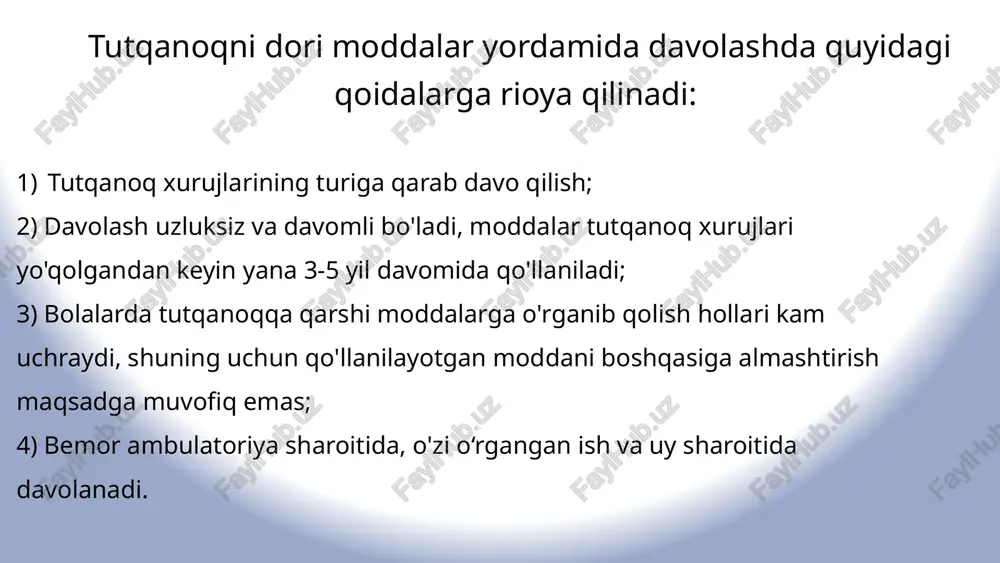 nachalari o'zgarishi mumkin. trimetinni jigar, buyrak, qon, ko'z kasalliklarida qo'llash man etiladi. xlorakon. trimetin. 11 karbamazepin - kimyoviy jihatdan iminostilben umumlaridan, talvasaga qarshi ta’siri psixotrop ta’siri bilan uyg'unlashib ketadi, modda bemorlar kayfiyatini yaxshilaydi. karbamazepin tutqanoqning katta xurujlarida, aralash turlarida, ba’zida kichik xurujlarda ham qo'llaniladi. nojo'ya ta’sirlari davolashning boshida ko'rinadi: dispeptik holatlar, bosh og'rig'i, bosh aylanishi, uyquchanlik, akkomodatsiyaning o'zgarishi, psixomotor, allergik jarayonlar. karbamazepin 12 etosuksimid ta’sir bo'yicha trimetinga o'xshaydi, zaharliligi undan kamroq. tutqanoqning kichik xurujlarining oldini olish uchun qo'llanadi. natriy volproat (depakin) ni talvasaga qarshi ta’sir mexanizmi gamk - transferaza fermentini ingibitsiyalab, markaziy nerv sistemasida gamk miqdorining oshirishi bilan bog'liq: tutqanoqning har xil turlarida, bolalarda harorat ko'tarilishi bilan bog'liq bo'lgan talvasalarda, psixomotor ekvivalentlarda qo'llaniladi. yangi talvasaga qarshi modda lamiktalni (lamotridjin) ta’sir mexanizmi qo'zg'atuvchi mediator glutaminning ko'p miqdorda ajralishiga to'sqinlik qiladi, neyronlaming tutqanoqqa moyillik holatini kamaytiradi. etosuksimid 13 tizanidin (sirdalud) markaziy ta’sir etuvchi mushaklarni bo'shashtiruvchi modda hisoblanadi, orqa miya polisinaptik reflekslarini tinchitib, …