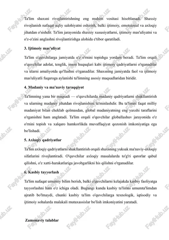 ashuvlar zamonaviy pedagogika usullari o'quvchilarning turli ehtiyojlariga mos ravishda ishlab chiqilgan. masalan, individual yondashuvlar, farqlangan ta'lim, va o'quvchilarni o'zlarining qiziqishlari va salohiyatlariga mos ravishda rivojlantirish kabi yondashuvlar mavjud. shuningdek, stem (fan, texnologiya, muhandislik va matematika) ta'limi ham bugungi ta'lim tizimining asosiy tarkibiy qismlaridan biridir. 4. kritik fikrlash va yaratish kritikal fikrlash va ijodkorlik ta'lim jarayonining ajralmas qismi bo'lishi kerak. o'quvchilarni tanqidiy fikrlashga, axborotni tahlil qilishga va yaratishga o'rgatish zarur. bu ko'nikmalar o'quvchilarga global muammolarga kreativ va samarali yechimlarni taklif qilish imkoniyatini beradi. 5. hayotga tayyorlash ta'lim nafaqat kelajakdagi kasbni o'zlashtirishga qaratilgan bo'lishi kerak, balki o'quvchilarni hayotdagi turli muammolarni hal qilishga tayyorlash lozim. bunda iqtisodiy bilimlar, qaror qabul qilish, vaqtni boshqarish va boshqa hayotiy ko'nikmalarni o'rgatish kerak. zamonaviy ta'lim hayotga tayyorlashda yuksak natijalar beradi. 6. shaxsiy yondashuv va ta'limni differensatsiya qilish har bir o'quvchi o'ziga xos qobiliyat va ehtiyojlarga ega. zamonaviy ta'lim tizimi o'quvchilarga individual yondashuvni taklif etadi. bu esa har …