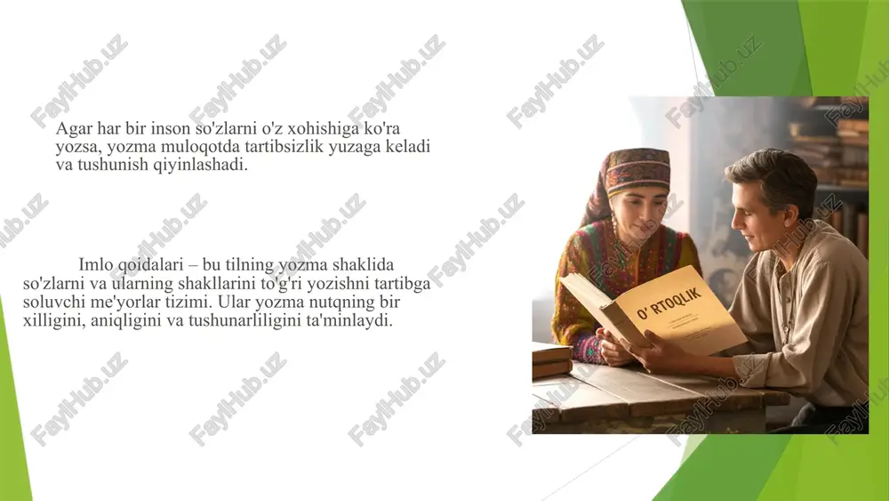 ni to'g'ri ajratishga yordam beradi. 25 asosiy ko'chirish qoidalari 1 so'zlar bo'g'inlab ko'chiriladi bu asosiy qoida bo'lib, so'zlar bo'g'inlarga bo'linib ko'chiriladi. masalan: ki-tob, ma’-ru-za, o'-qi-tuv-chi. so'zni bo'g'inlab ko'chirishda har bir bo'g'inning ma'nosi saqlanib qolishi kerak. 2 bir harfli bo'g'in qatorda qoldirilmaydi va keyingi qatorga ko'chirilmaydi agar so'zning boshida yoki oxirida bir harfli bo'g'in bo'lsa, u alohida ko'chirilmaydi. masalan, oila so'zini o-ila deb ko'chirish mumkin emas, balki oi-la yoki oila deb yoziladi. 7.5. ko'chirish qoidalari 26 asosiy ko'chirish qoidalari (davomi) 1 qo'sh undoshlar ajratilmaydi agar so'zda qo'sh undoshlar (masalan, ss, mm, ll) bo'lsa, ular ko'chirishda ajratilmaydi. masalan, massaj so'zini mas-saj deb ko'chirish mumkin emas, balki mas-sa-j yoki massaj deb yoziladi. 2 qisqartmalar va raqamlar ko'chirilmaydi qisqartmalar (masalan, o'zr, aqsh) va raqamlar (masalan, 1993, 2025) bir qatordan ikkinchi qatorga ko'chirilmaydi. ular butunligicha bir qatorda qolishi kerak. 7.5. ko'chirish qoidalari 27 asosiy ko'chirish qoidalari (davomi) 1 defis bilan yoziladigan so'zlar defis joyidan ko'chiriladi …