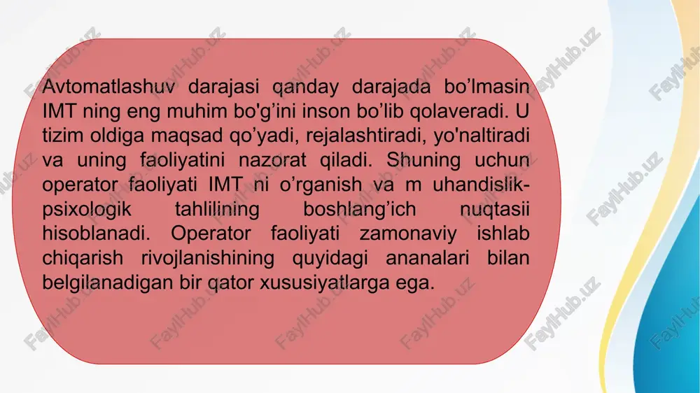at rejimida ishlashi mumkin. faoliyatning bu turi real vaqt rejim ida ishlovchi tizimlar uchun ommaviy hisoblanadi (radiolokatsiya stansiya operatorlari, turli transport xizmati dispetcherlar va boshqalar). tadqiqotchi-operator ko’p jihatdan kontseptual modelga asoslangan tushunchali fikrlash apparati va tajribadan foydalanadi. boshqaruv organlari buning uchun yanada kam roq aham iyat kasb etadi va axborot modellarining salm og'i sezilarli darajada oshadi. bunday operatorlarga kompyuter tizim laridan foydalanuvchilar, turli ob'yektlar (tasvirlar)ni qayta kodlovchi va boshqalarni kiritish mumkin. menejer-operator asosan oldingi turdan farq qilmaydi, lekin uning uchun intellektual faoliyat m exanizm lari ustunlik qiladi. bunday operatorlarga tashkilotchilar, turli darajadagi menejerlar, inson-mashina majmualarida mas'uliyatli qarorlar qabul qiluvchi bilim, intuitsiya va tajribaga ega bo'lgan shaxslarni kiritish mumkin. manipulyator-operator faoliyati uchun sensomotor muvofiqlashtirish (masalan, harakatlanuvchi ob'yektni uzluksiz kuzatish) va motor (harakat) ko'nikm alari katta ahamiyatga ega. motor faoliyatning mexanizmlari uning uchun muhim ahamiyat kasb etsada, faoliyatda tushunchali va obrazli tafakkur apparatidan ham foydalaniladi. manipulyator operator vazifalariga robot, manipulyator, inson mushak …