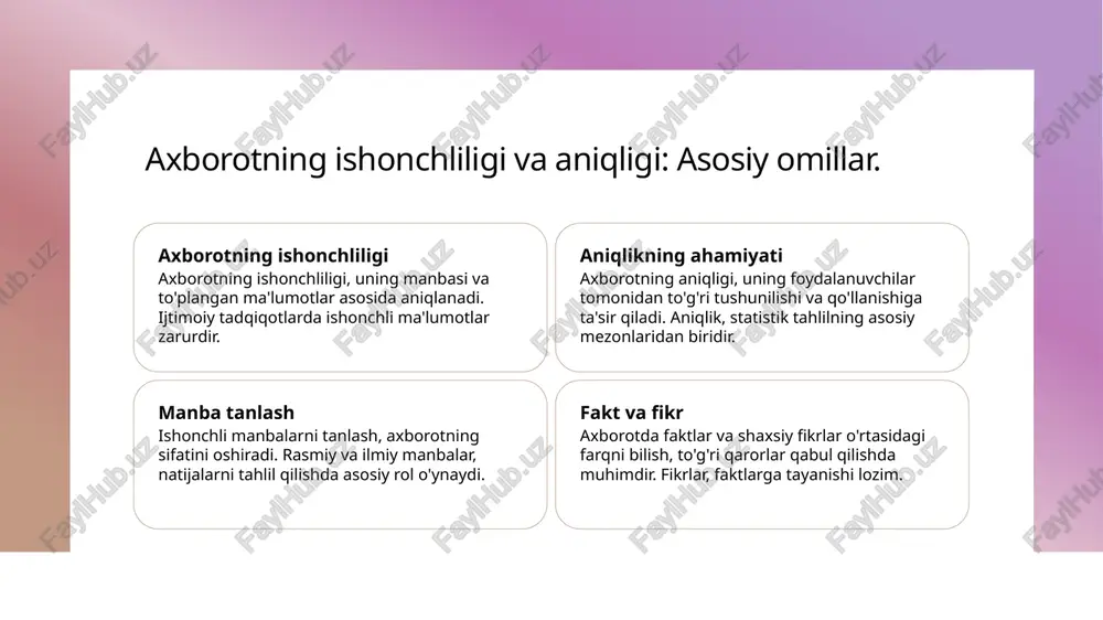 iyalardan samarali foydalanish. ushbu omillar orqali talabalar axborotdan foydalanish ko'nikmalarini rivojlantirishi mumkin. photo by emmanuel ikwuegbu on unsplash axborot kompetentligini shakllantirishda ta'limning roli. 01 ta'lim jarayoni axborot kompetentligini shakllantirishda ta'lim jarayoni muhim ahamiyatga ega, chunki bu jarayonda o'quvchilar ma'lumotlarni tahlil qilish ko'nikmalarini o'zlashtiradilar. 02 o'qitish metodlari innovatsion o'qitish metodlari, masalan, loyiha asosida o'qitish va interaktiv darslar, axborot kompetentligini rivojlantirishda samarali vositadir. 03 o'zaro tajriba o'zaro tajriba almashish, guruhiy ishlar va muhokamalar, talabalar o'rtasida bilim almashish va analitik fikrlashni rivojlantirishga yordam beradi. axborot kompetentligini oshirishda texnologiyalarning ta'siri. 1 texnologiyalar va axborot texnologiyalar axborot kompetentligini oshirishda muhim rol o'ynaydi. ular ma'lumotlarni tezda olish va tahlil qilish imkonini beradi. 2 onlayn ta'lim platformalari onlayn ta'lim platformalari, masalan, coursera yoki udemy, axborot kompetentligini rivojlantirishda keng imkoniyatlar yaratadi, talabalarni yangi ma'lumotlar bilan tanishtiradi. 3 ma'lumotlarni tahlil qilish zamonaviy analitik vositalar (masalan, excel, spss) axborotni chuqur tahlil qilish imkonini berib, foydalanuvchilarga ma'lumotlardan samarali foydalanishni o'rgatadi. axborot …