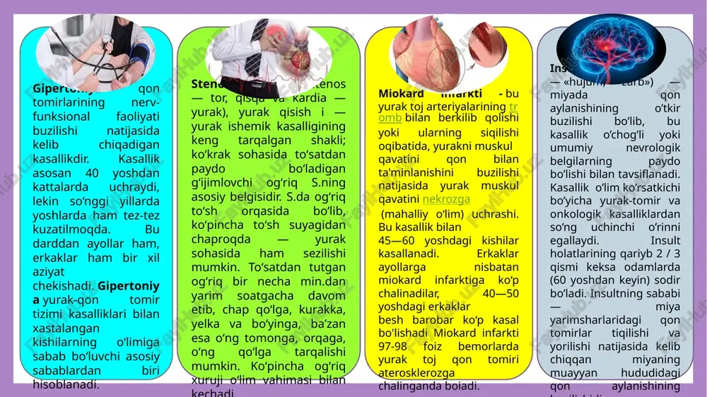 niladi. oshqozonning har qanday sababga koʻra infeksiyasi bilan yalligʻlanishi gastrit deb ataladi va oshqozon-ichak traktining boshqa qismlarini qoʻshganda gastroenterit deb ataladi. gastrit surunkali holatda davom etsa, u atrofik gastrit, pilorik stenoz (oshqozondan ingichka ichakning birinchi qismiga (pilorus) teshikning torayishi) va oshqozon saratoni kabi bir qancha kasalliklar bilan bogʻliqdir. yana bir keng tarqalgan holat — oshqozon yarasi yaʼni shikastlanishidir. yaralar oshqozon shilliq qavatini buzadi, bu oshqozon toʻqimasini oshqozon kislotalaridan himoya qiladi. peptik yaralar koʻp hollarda bakterial helicobacter pylori (odatda oshqozonda topiladigan, gram-manfiy, mikroaerofil, spiral (spiral) bakteriya) infeksiyasidan kelib chiqadi[5]. epstein-barr virusi infeksiyasi oshqozon saratonini qoʻzgʻatadigan yana bir omildir ingichka ichak oʻn ikki barmoqli ichak, jejunum (ingichka ichakning ikkinchi qismi) va ileumdan iborat. ingichka ichakning yalligʻlanishi enterit deb ataladi, agar u faqat qisman joylashgan boʻlsa, mos ravishda duodenit (oʻn ikki barmoqli ichakning oʻtkir yoki surunkali yalligʻlanishi), jejunit va ileit (yonbosh ichakning yalligʻlanishi) deb ataladi. ingichka ichak kasalliklari diareya, notoʻgʻri ovqatlanish, charchoq va …