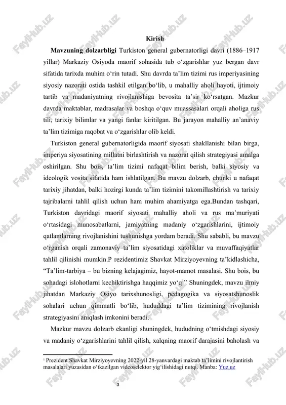 igini aniqlash va kelgusida strategik rejalarni ishlab chiqish imkoniyati yuzaga keladi.shuningdek, ish orqali mahalliy va hududiy tarixiy tajribalarni tahlil qilib, imperiya siyosati ostida ta’lim tizimining qiyinchiliklari, muvaffaqiyatlari va pedagogik yondashuvlarni o‘rganish mumkin. bu esa bugungi kunda ta’lim siyosatini ishlab chiqishda tarixiy tajribalarni inobatga olishga yordam beradi. kurs ishining ob’ekti – turkiston general gubernatorligida maorif tizimi va uning rivojlanish jarayonlari. kurs ishining predmeti – maorif sohasida olib borilgan siyosat, uning shakllanishi, amalga oshirilishi va natijalari. kurs ishining maqsadi – turkiston general gubernatorligida maorif siyosatini tarixiy manbalar asosida o‘rganish, uning ijtimoiy, madaniy va siyosiy ta’sirini tahlil qilish. kurs ishining vazifalari · turkiston general gubernatorligida maorif tizimining tashkil etilishi va rivojlanishini o‘rganish; · mahalliy maktablar va o‘quv muassasalarining faoliyati haqida tahlil qilish; · maorif siyosatining ijtimoiy, iqtisodiy va madaniy natijalarini aniqlash; · mavzuga oid tarixiy manbalarni va ilmiy adabiyotlarni tahlil qilish; · mavzuning dolzarb jihatlari va kelgusidagi tadqiqotlar uchun tavsiyalar ishlab chiqish. kurs …