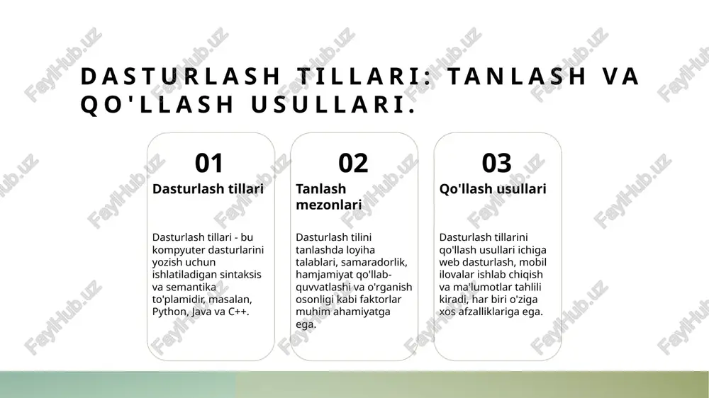 turlash, startaplarni rivojlantirish va it-hududlarini yaratish orqali iqtisodiy o'sishni tezlashtirishga yordam berishi mumkin, bu esa ijtimoiy rivojlanishga xizmat qiladi. dasturlash orqali yangi ish o'rinlari yaratish imkoniyatlari. 1 dasturlash va ish o'rinlari dasturlash sohasida yangi ish o'rinlari yaratish, texnologik rivojlanish bilan bog'liq. har yili millionlab dasturchilar va it mutaxassislari talab etiladi. 2 innovatsion loyihalar o'zbekistonda dasturlash orqali innovatsion loyihalar, masalan, mobil ilovalar va veb-saytlar yaratilmoqda, bu esa yangi ish o'rinlarini ochmoqda. 3 ta'lim va malaka dasturlash ta'limi, yoshlarning yuqori malakali dasturchi bo'lishini ta'minlaydi. bu, iqtisodiy o'sish va yangi ish o'rinlari uchun muhimdir. xulosa 1 dasturlash va innovatsiyalar dasturlash sohasidagi innovatsiyalar, mamlakatimizda iqtisodiy o'sishni ta'minlashda muhim rol o'ynaydi, yangi texnologiyalar yaratishga imkon beradi. 2 o'zbekistonning imkoniyatlari o'zbekistonda dasturlash orqali raqamli iqtisodiyot va yangi ish o'rinlari yaratish, yoshlar uchun keng imkoniyatlar ochadi, mamlakatni rivojlantiradi. 3 kelajak uchun yo'nalishlar dasturlash va texnologiyalarni rivojlantirish, kelajakda o'zbekistonni global raqobatda mustahkamligini ta'minlaydi, xalqaro miqyosda muvaffaqiyatlar keltiradi. e'tiboringiz …