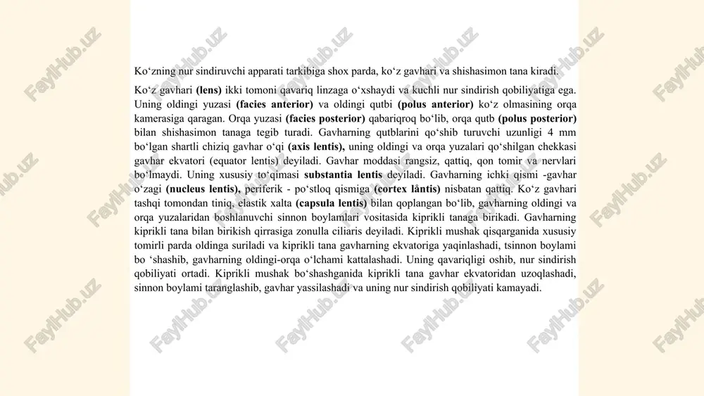 tomonga bursa, pastki mushak yuqoriga va tashqi tomonga buradi. yangi tug‘ilgan chaqaloqda ko‘z olmasi mushaklari pay qismidan tashqari yaxshi rivojlangan bo‘ladi. shuning uchun ularda ko‘zning harakati bo‘lib, ammo ularning muvofiqlashgan harakati bola 2 oylik bo‘lganida boshlanadi. yangi tug‘ilgan chaqaloqda fiziologik qiyshiq ko‘zlik bo‘lib, birinchi oyning oxirida o‘tib ketadi. ko‘ruv sezuvchi yo‘l to‘rt neyrondan iborat. uning birinchi neyroni ko‘z olmasi to‘r pardasining tayoqchalar va kolbachalardan iborat. ularda hosil bo‘lgan nerv impulsi to‘r pardadagi ko‘ruv sezuvchi yo’lning ikkinchi neyroni bipolyar hujayralarga, ulardan esa uchinchi neyronning ganglioz hujayralariga o‘tadi. ganglioz hujayralarning o‘simtalari ko‘ruv nervini hosil qiladi. hosil bo‘lgan ko‘ruv nervi o‘z nomidagi kanal orqali ko‘z kosasidan kalla bo‘shlig‘iga kiradi. kalla bo‘shlig‘ida turk egarining oldingi chekkasida nerv tolalari qisman kesishib, ko‘ruv nervi kesishmasini (chiasma opticum) hosil qiladi. kesishmada o‘ng va chap ko‘zning to‘r pardasini ichki yarmidan kelayotgan tolalar ishtirok etadilar. ko‘zning to‘r pardasini tashqi (chakka) qismidan kelayotgan tolalar esa o‘z tomonida qoladi va kesishmada …