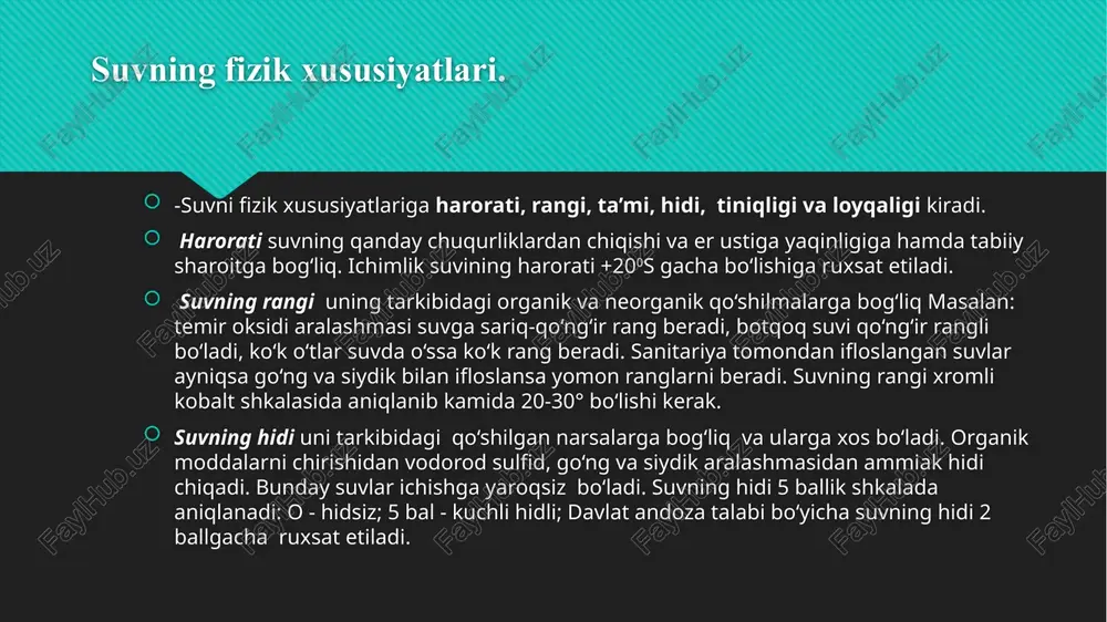 osti suvlari - bu suvlar juda chuqurlikdan tuproq qatlamlari orqali filtrlanib o‘tganligi uchun har xil iflosliklardan tozalanib, mineral tuzlar, mikroelementlar hamda o2 bilan boyib chiqadi. chuqurligi 8 m gacha bo‘lgan er osti suvlari doimo toza bo‘lmasligi mumkin. chunki go‘ng va go‘ng sharbatlari tufayli ifloslanishi mumkin. suv qancha chuqurlikdan chiqsa shuncha toza va mineral tuzlarga boy, hamda doimiy haroratga ega bo‘ladi. ular bo‘loq bo‘lib yoki artezian holida er betiga chiqadi. suvni tozalash usullari. suvni tozalash usullari: 1.suvni tindirish usuli 2. koagulyasiyalash usuli 3. filtrlash usuli suvni zararsizlantirish usullari: 1.qaynatish 2.ub nurlar yordamida zararsizlantirish 3.ultratovush yordamida zararsizlantirish. 4.ozonlash, ya’ni ozon gazi yordamida zararsizlantirish. 5.kumush ionlari bilan zararsizlantirish. 6.xlorlash usuli. suvni tindirish usuli suvni tindirish usuli – bunda suv maxsus idishlarda, suv havzalarida tindiriladi. suvni tinish tezligi mexanik aralashmalarning katta kichikligiga boqliqdir. masalan: 1 m chuqurlikga diametri 1mm lik yirik qum – 1 sekunda, 0,1 mm mayda qum 10 sekunda, 0,01 mm zarrachalar …