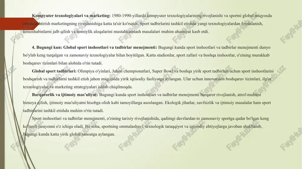ar). 3. logistika va xavfsizlik: inshootlar menejmenti sport inshootlarining texnik va infratuzilma jihatlarini boshqaradi, tadbirlar menejmenti esa bu inshootlar orqali tadbirlarning muvaffaqiyatli o'tishini ta'minlaydi. masalan, xavfsizlik, transport, yoritish, sanitariya va boshqa logistika xizmatlarini to'g'ri tashkil etish uchun ham inshootlar, ham tadbirlar menejmenti birgalikda ishlaydi. 4. marketing va moliyaviy boshqaruv: sport inshootlarini boshqarish marketing va reklama sohasida ham muhim rol o'ynaydi, chunki sport inshootlarining faoliyati homiylar, tomoshabinlar va sponso'rlar orqali moliyaviy qo'llab-quvvatlanadi. tadbirlar menejmenti esa, ushbu tadbirlarni ishlab chiqish va jamoatchilikka taqdim etish orqali sport inshootlarini yanada samarali ishlatishni ta'minlaydi. 5. ijtimoiy va madaniy ta'sir: sport inshootlari va tadbirlar birgalikda ijtimoiy va madaniy tadbirlarni amalga oshirishga xizmat qiladi. inshootlarni boshqarish, uning jismoniy va texnik imkoniyatlarini ta'minlasa, tadbirlar menejmenti sport tadbirlari orqali sport va sog'lom turmush tarzini ommalashtirishga qaratilgan ijtimoiy dasturlarni rivojlantiradi. shu tarzda, sport inshootlari menejmenti va tadbirlar menejmenti bir-birini to'ldiradi va birgalikda ishlaganda, sport sohasining muvaffaqiyatli rivojlanishiga katta hissa qo'shadi. …