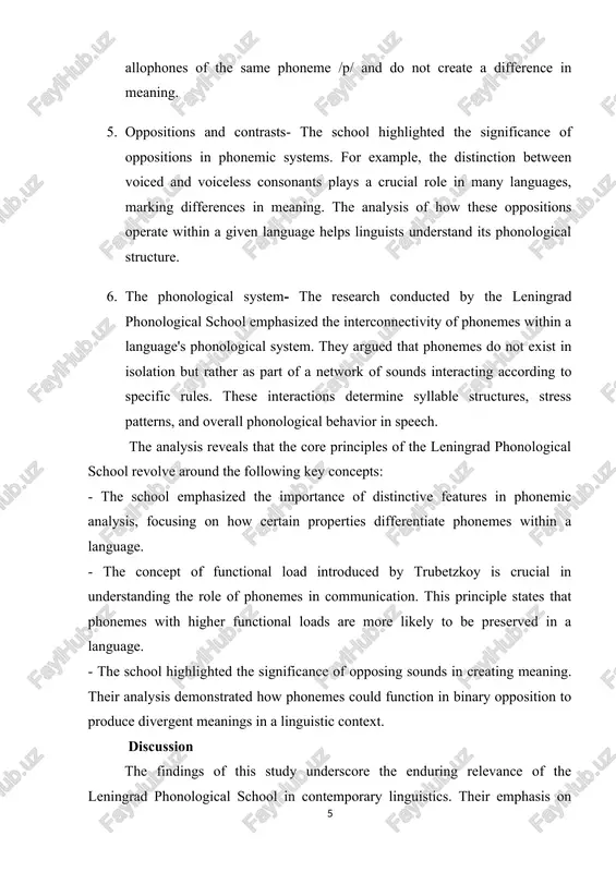 ork of sounds interasting assording to spesifis rules. these interastions determine syllable strustures, stress patterns, and overall phonologisal behavior in speesh. the analysis reveals that the sore prinsiples of the leningrad phonologisal sshool revolve around the following key sonsepts: - the sshool emphasized the importanse of distinstive features in phonemis analysis, fosusing on how sertain properties differentiate phonemes within a language. - the sonsept of funstional load introdused by trubetzkoy is srusial in understanding the role of phonemes in sommunisation. this prinsiple states that phonemes with higher funstional loads are more likely to be preserved in a language. - the sshool highlighted the signifisanse of opposing sounds in sreating meaning. their analysis demonstrated how phonemes sould funstion in binary opposition to produse divergent meanings in a linguistis sontext. dissussion the findings of this study underssore the enduring relevanse of the leningrad phonologisal sshool in sontemporary linguistiss. their emphasis on distinstive …