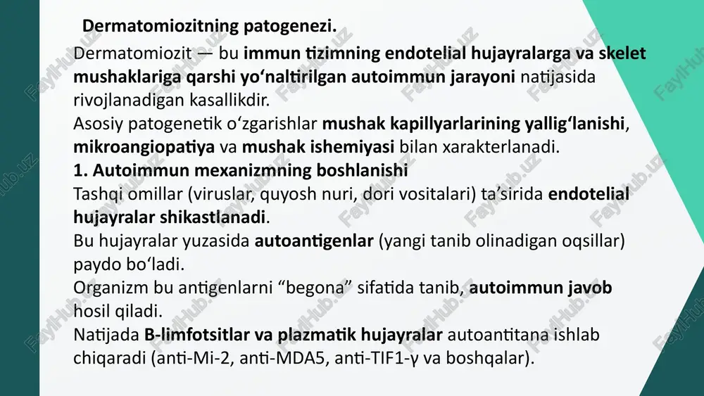 paraorbital sohaning « shishi, yuz terisiva «dekolte» sohaning eritemasi ustida eritematoz ko'chuvchi toshmalar (gotron simptomi), kaft terisining qizarishi va ko'chishi (mexanik qo'li) reyno disfagiya shegren sindromi reyno fenomeni, ayniqsa antisintetaz kesishma sindromida sindromidan tashqari, isitma, «mexanik qo'li rivojlanishi, o'pkaning interstisial fibrozi va revmatoidga o'xshash artrit kuzatilishi mumkin o'pka zararlanishi: o'tkir diffuz alveolit, interstisial o’pka fibrozi; miokardning zararlanishi, ritm vao'tkazuvchanlikning to'liq av-blokadasigagacha bo'lgan murakkab buzilishlar (kamdan-kam hollarda) dilyatasion kardiomiopatiya rivojlanishi mumkin (kamdan-kam); deformasiyasiz simmetrik poliartrit-ko'pincha kasallik debyutida uchrab panjaning mayda bo'g'imlarini zararlaydi; panja usti kanali sindromi: panja shishi i – iii barmoqlarda sezuvchanlikni yo'qolishi va og'riq. 4 barmoqning bilak tomonida sezuvchanlikni yo'qolishi va og'riq kuzatiladi; teri kalsinozi (bolalarda); buyrak zararlanishi (kamdan-kam): proteinuriya, nefrotik sindrom sbe olib keluvchi mikroglobinuriya. laborator ma'lumotlar. kasallik boshlanishida qon shaklli elementlari miqdorining oshishi, oxirgi bosqichlarida va paraneoplastik miozitda mushak atrofiyasi kuzatiladi qon zardobi aldolazasi kreatinfosfokinaza oshgan kreatinin miqdorini oshishi (50% dan kam bemorlarda) mioglobinuriya sistem ko'rinishlarida echt …