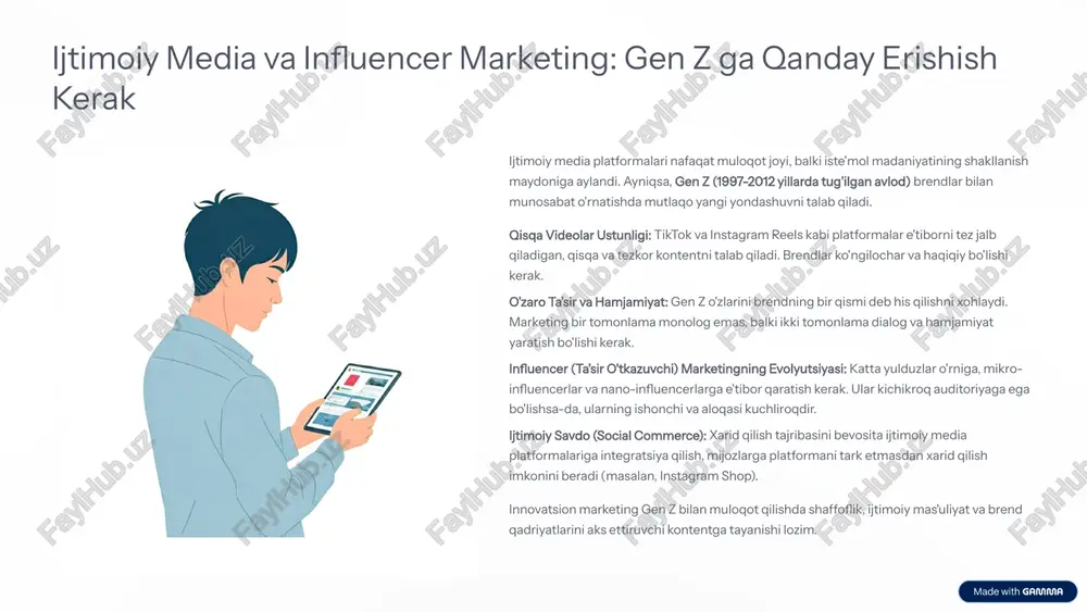 an strategiyaga o'zgartirish kiritadi. bu "tez muvaffaqiyatsizlikka uchrash, tez o'rganish" tamoyiliga asoslanadi. 7 innovatsion marketingni amalga oshirishda uchraydigan qiyinchiliklar va yechimlar innovatsiyalar imkoniyatlar yaratadi, biroq ular o'ziga xos qiyinchiliklarga ham ega. korxonalar bu to'siqlarni yengib o'tish uchun strategik yondashuvni talab qiladi. 1 qiyinchilik: resurs cheklovlari kichik va o'rta korxonalar ko'pincha texnologiyaga va malakali xodimlarga sarmoya kiritish uchun yetarli moliyaviy resurslarga ega bo'lmaydi. 2 yechim: qisman o'zlashtirish va hamkorlik eng muhim texnologiyalarga (masalan, marketing avtomatlashtirish) e'tibor qaratish yoki tashqi marketing agentliklari/frilanserlar bilan hamkorlik qilish orqali resurs yetishmovchiligini qoplash mumkin. 3 qiyinchilik: madaniy qarshilik an'anaviy marketing usullarini qo'llashga odatlangan xodimlar yangi, xavfliroq innovatsion yondashuvlarga qarshilik ko'rsatishi mumkin. 4 yechim: liderlik va o'qitish yuqori rahbarlarning innovatsiyaga sodiqligini ta'minlash va jamoaga yangi raqamli ko'nikmalarni o'rgatish uchun doimiy treninglar tashkil etish zarur. 5 qiyinchilik: natijalarni o'lchash ayrim innovatsion kampaniyalar (masalan, brend immersiyasi) uchun an'anaviy kpi'lar mos kelmasligi sababli, samaradorlikni aniq o'lchash murakkab bo'ladi. 6 yechim: …
