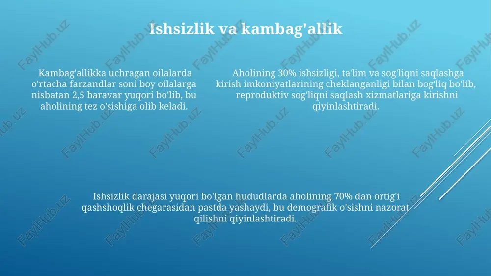 holisi 9 milliard kishini tashkil etishi va oziq-ovqat talabini 70% ga oshirishi kutilmoqda. global oziq-ovqat tizimining iqlim o'zgarishlariga sezgirligi va 30% gacha hosil yo'qotilishi xavfi, aholining o'sishi bilan birgalikda oziq-ovqat ta'minoti xavfini yanada kuchaytiradi. oila rejalashtirishning etishmasligi oila rejalashtirishning etishmasligi tug'ilish darajasining yuqori bo'lishiga, 1000 kishiga 30 dan ortiq tug'ilish ko'rsatkichiga va shuning uchun ham aholining tez o'sishiga olib keladi, bu esa iqtisodiy va ijtimoiy muammolarni kuchaytiradi. oila rejalashtirish bo'yicha yetarlicha ma'lumotga ega bo'lmagan aholi orasida, noto'g'ri usullardan foydalanish xavfi 25% ga ortadi, bu esa istalmagan homiladorlik va asoratlar xavfini oshiradi. oila rejalashtirish bo'yicha yetarlicha ma'lumotga ega bo'lmagan aholi orasida, noto'g'ri usullardan foydalanish xavfi 25% ga ortadi, bu esa istalmagan homiladorlik va asoratlar xavfini oshiradi. kam ta'minlanganlik va qashshoqlik kam ta'minlangan oilalarda tug'ilish darajasi o'rtacha daromadli oilalarga nisbatan 2-3 baravar yuqori bo'lib, bu qashshoqlik siklini kuchaytiradi va resurslarning yetishmasligiga olib keladi. aholining 40% dan ortig'i qashshoqlik chegarasida yashasa, ta'lim va …