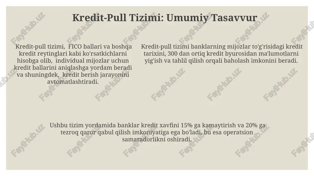 ta turli bank tomonidan 5 martadan ortiq murojaat qilishini cheklaydi, bu esa shaxsiy maʼlumotlar himoyasini taʼminlaydi. kredit-pull tizimining bozorga ta'siri kredit byurosi ma'lumotlarining aniqligi kredit reytingini 20 ballga yaxshilash imkonini berib, foiz stavkalarini pasaytiradi va investorlarning ishonchini oshiradi. samarali kredit-pull tizimi yomon kreditlar sonini 10% ga kamaytirib, banklarning xatarlarini minimallashtiradi va bozor barqarorligini ta'minlaydi. samarali kredit-pull tizimi yomon kreditlar sonini 10% ga kamaytirib, banklarning xatarlarini minimallashtiradi va bozor barqarorligini ta'minlaydi. e'tiboringiz uchun rahmat @taqdimot_robot