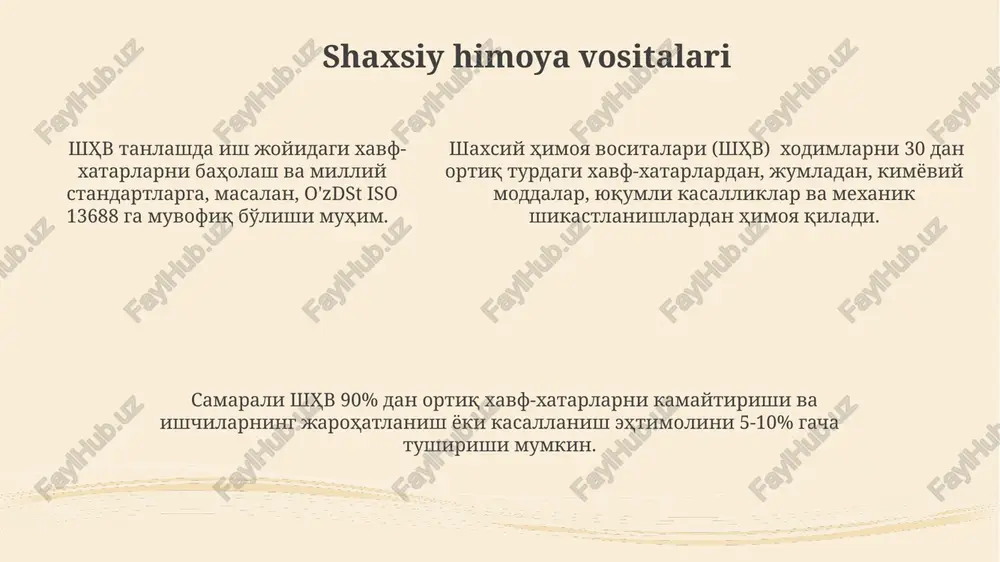 nlash lozim. og'ir yuklarni ko'tarish va tashish jarayonida kamida 2 nafar xodimlar ishtirok etishi va ularning xavfsizlik qoidalarini bilishi zarur. e'tiboringiz uchun rahmat @taqdimot_robot