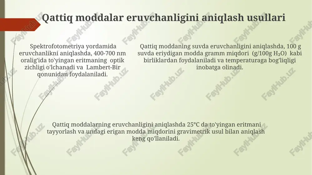raturaga bog'liq bo'lib, 10°c da 100g suvda 20g tuz eriydigan bo'lsa, 100°c da bu miqdor 40g gacha oshadi, ya'ni temperatura oshishi bilan eruvchanlik ortadi. gazlarning eritmalardagi eruvchanligi boyl-mariott qonuniga bo'ysunadi, ya'ni bosim oshishi bilan gazlarning eruvchanligi ortib boradi. misol uchun, karbonat angidrid gazining suvda eruvchanligi bosimga to'g'ridan-to'g'ri proportsional. gazlarning eritmalardagi eruvchanligi boyl-mariott qonuniga bo'ysunadi, ya'ni bosim oshishi bilan gazlarning eruvchanligi ortib boradi. misol uchun, karbonat angidrid gazining suvda eruvchanligi bosimga to'g'ridan-to'g'ri proportsional. qattiq moddalar eruvchanligini ifodalash usullari qattiq moddalar eruvchanligini ifodalashda massa ulushi (masalan, 100 g suvda 20 g tuz erigan bo'lsa, 20% massa ulushi) yoki molyar konsentratsiya (mol/l) kabi birliklardan foydalaniladi. eruvchanlik mahsuloti (ksp) kam eruvchan tuzlarning eruvchanligini ifodalashda qo'llaniladi va u ionlar konsentratsiyasi ko'paytmasi sifatida hisoblanadi, masalan, agcl uchun ksp = 1.8 x 10⁻¹⁰. ba'zi hollarda, qattiq moddaning 100 ml suvda eruvchi miqdori grammda (g/100ml) yoki molyar miqdorda (mol/100ml) ifodalanadi, bu moddaning eruvchanligini son jihatdan ko'rsatadi. eruvchanlik egri …