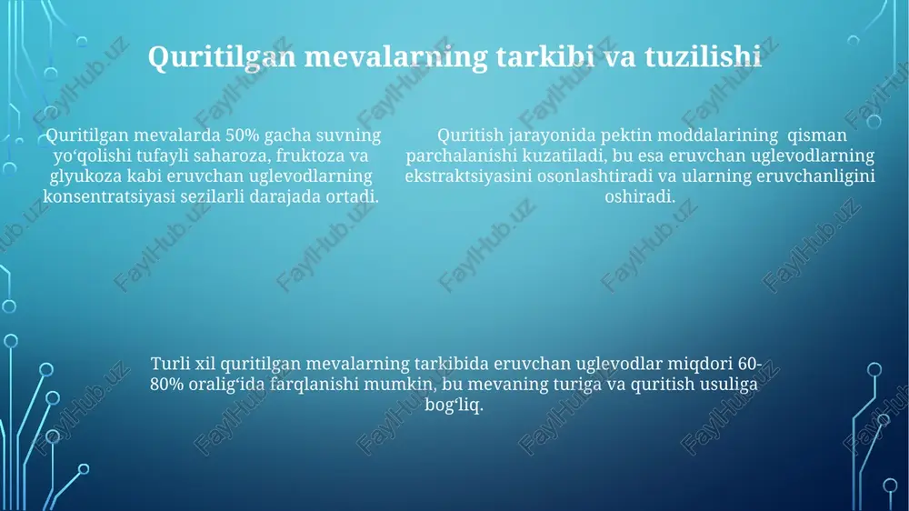 h samarali bo'ladi. turli xil quritilgan mevalarning tarkibida turlicha uglevodlar bo'lganligi sababli, eritmada turli xil ph darajalarini (masalan, 3 dan 7 gacha) sinab ko'rish samarali bo'ladi. qoldiq miqdorini aniqlash quruq modda miqdorini aniqlash uchun gravimetrik usul qo'llanilganda, 105°c da 24 soat davomida quritish natijasida olingan qoldiq miqdori 2-5% oralig'ida bo'lishi mumkin. suvli ekstraktsiyasidan keyin qolgan qattiq moddalar miqdori, kukun holatidagi namunalar uchun, o'rtacha 10-15% ni tashkil qilishi mumkin va bu turli xil mevalar uchun farq qilishi mumkin. qoldiq miqdorini aniqlashda spektrofotometrik usul yordamida 520 nm to'lqin uzunligida o'lchash orqali 0,5-2% oralig'ida aniq natijalar olinishi mumkin. xavfsizlik choralari kimyoviy moddalar bilan ishlashda himoya ko'zoynaklari va laboratoriya xalatidan foydalaning. agar 10% dan ortiq konsentratsiyali eritmalar bilan ishlansangiz, yaxshi shamollatiladigan joyda ishlang. issiq suv bilan ishlashda ehtiyot bo'ling, 70°c dan yuqori haroratda kuyish xavfi mavjud, shuning uchun terini himoya qilish uchun qo'lqoplardan foydalaning. quritilgan mevalarni maydalashda changni nafas olishdan saqlanish uchun n95 yoki …