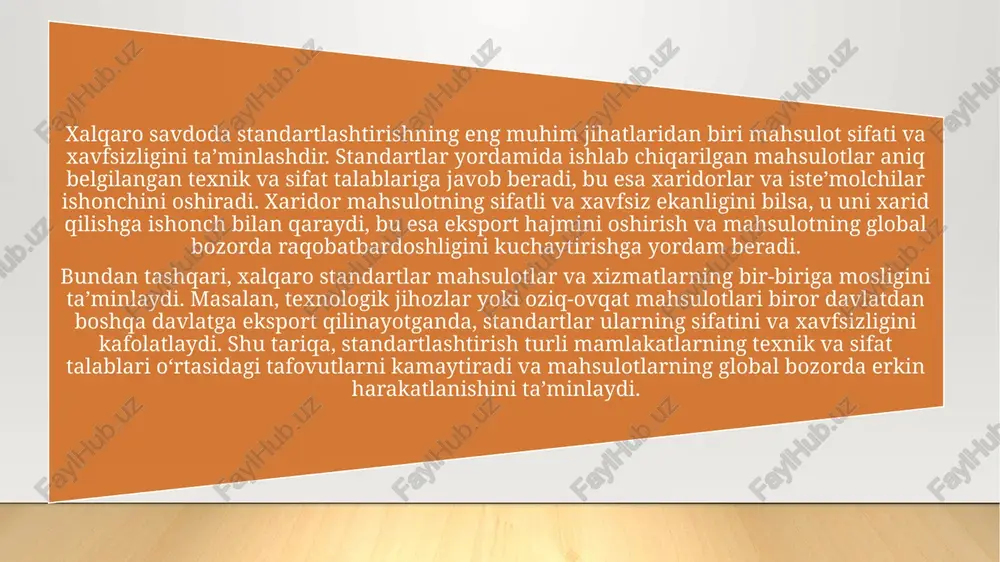 qiladi. xalqaro tajribalar shuni ko‘rsatadiki, iso standartlari, ce markirovkasi, ul sertifikatlari va boshqa xalqaro sertifikatlar nafaqat sifatni kafolatlaydi, balki mahsulot va xizmatlarni yangi bozorlar bilan tanishtirish va global iqtisodiy jarayonlarda muvaffaqiyatli ishtirok etish imkonini yaratadi. shu tariqa, standartlashtirish va sertifikatlashtirish global savdoda ishonch, raqobatbardoshlik va xavfsizlikni ta’minlash orqali iqtisodiy samaradorlikni oshirishning muhim vositasi sifatida qaraladi. image1.jpg /docprops/thumbnail.jpeg