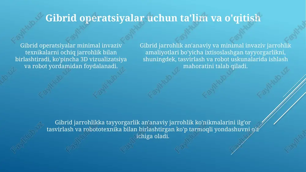 ravma imkonini beradi. gibrid jarrohliklar turli ixtisosliklarda qo'llaniladi, bu esa turli xil jarrohlik ehtiyojlarini qondirish uchun moslashtirilgan yondashuvni ta'minlaydi. onkologiya murakkab jarrohlik amaliyotlarni, masalan, o'smaning olib tashlanishini, yaxshilangan tasvirlash va boshqarish bilan birlashtirilgan jarrohlik usullaridan foydalanadi. e'tiboringiz uchun rahmat @taqdimot_robot