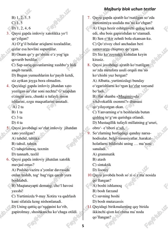 chasi kesim vazifasida kelgan. d) parchadagi yasama fe’llar ikki turkumga oid so‘zlardan hosil qilingan. 15. qaysi javobda moslashuv munosabatli so‘z birikmasi ishtirok etgan? a) azamat gavdasini podsho tomonga sal egib, qudratli qo‘llari bilan dag‘al siyrak mo‘ylabini bir silab qo‘ydi. b) navoiy o‘zi haqida aytilgan bu haqqoniy so‘zlarni kamtarinlik bilan, boshini quyi solib tingladi. c) tantana, hashamatni sevgan husayn boyqaro uyni to‘ldirgan va ulug‘vor ta’zim, vajohat bilan o‘tirgan rang-barang olomonga faxrlanib qaradi... d) dasturxon yig‘ishtirilgandan so‘ng, navoiy yana behzod rasmlariga sham nurida qaray boshladi. 3-variant 1. qaysi javobda berilgan so‘zlarning ma’nolarini farqlovchi undosh tovushlar ham jarangli yoki jarangsizligiga ko‘ra, ham til qismlarining harakatiga ko‘ra o‘zaro bir turga mansub? a) talaba-g‘alaba b) burun-butun c) do‘ppi-lo‘ppi d) qovun-sovun 2. quyidagi qaysi so‘zlarda nuqtalar o‘rniga i unlisi yoziladi? 1) muq...m; 2) sup...rmoq; 3) tov...q; 4) bult...r; 5) tug‘...lmoq; 6) yut...q. a) 1, 3, 5 majburiy blok uchun testlar 5 v) 1, 2, 3, 5 …
