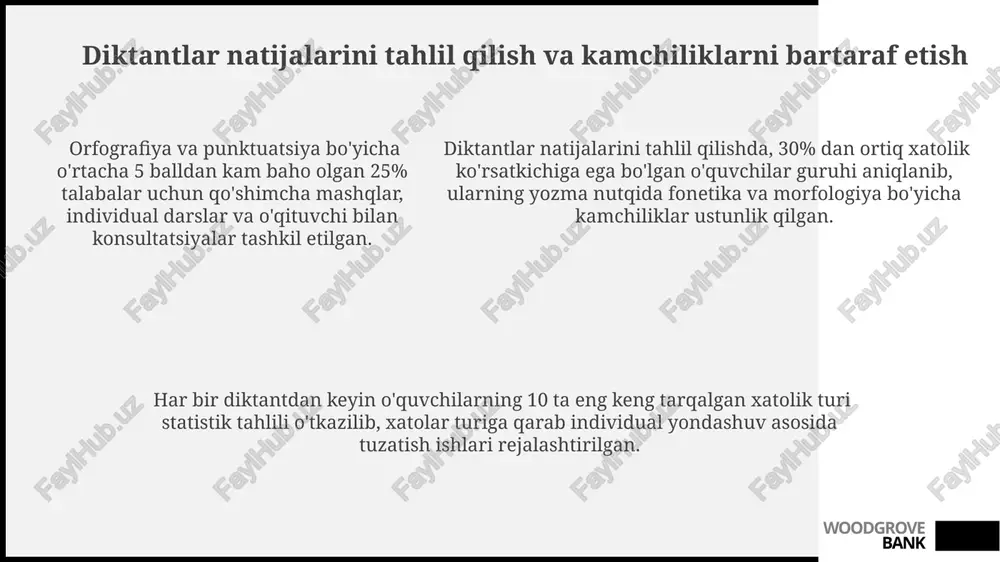 lar keng qo'llanilgan. imlo va grammatik ko'nikmalarni mustahkamlash maqsadida o'quvchilarga 50-100 so'zdan iborat sodda matnlar, she'riy parchalar yoki maqollarni diktant qilish amaliyoti keng qo'llanilgan. woodgrove bank savodxonlik darajasini oshirishda diktantlardan foydalanish boshlang'ich sinflarda fonetik va morfologik xatolar soni bo'yicha tahlil qilingan diktant natijalari, o'quv jarayonini takomillashtirish va individual yondashuvni amalga oshirishda muhim ma'lumot manbai hisoblanadi. 5-sinf o'quvchilarining murakkab grammatik tuzilmalarni o'z ichiga olgan 150-200 so'zli diktantlardagi natijalari, ularning o'zlashtirish darajasini va qo'shimcha mashg'ulotlarga bo'lgan ehtiyojni aniqlashga yordam beradi. savodxonlik darajasini aniqlashda 10-15 minutlik diktantlar, 50-100 so'zdan iborat matnlar orqali o'quvchilarning imlo va tinish belgilarini qo'llashdagi bilim va ko'nikmalarini baholash imkonini beradi. woodgrove bank diktantlarni tayyorlash va o'tkazishga qo'yiladigan talablar o'quvchilarning diktanatga tayyorgarligi va uning bajarilishini nazorat qilish uchun kamida 2 nazoratchi-o'qituvchi tayinlanishi, har bir o'quvchining ishiga alohida e'tibor berilishi tavsiya etiladi. diktant matni 100-150 so'zdan iborat bo'lib, o'quvchilarning yosh xususiyatlari va bilim darajasiga mos kelishi kerak, grammatika va leksik jihatdan …