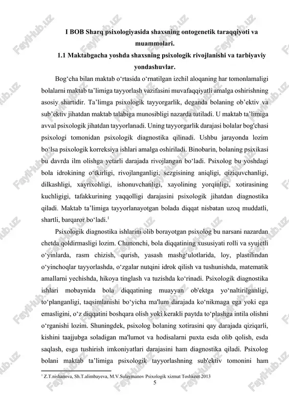 r bola esa maktabdan qat'iy voz kechishga boradi. ushbu jarayonlarni psixologik jihatdan diagnostika qilishda o‘qishga nisbatan salbiy munosabat ko‘pincha kattalarning qo‘rqitishlari oqibatida vujudga kelganligi aniqlanadi. maktab bilan bog‘cha o‘rtasidagi uzviy aloqa ko‘p tomonlama tuzilishga ega. unda ta’lim-tarbiyaviy ishlarning mazmuni, metod va usullari tashkiliy shakllari, shuningdek, bolalarni tarbiyalash shart-sharoitlari va psixik talab kabi yetakchi tomonlari psixologik jihatdan talab qilinadi. bunda psixolog quyidagilarga alohida e'tibor berishi kerak: maktab talabi nuqtai nazaridan bilimlarni qay darajada chuqurroq egallab olishlari diagnostika qilinadi. lozim bo‘lsa korreksion ishlar amalga oshiriladi. bog‘cha nuqtai nazaridan bolani maktab talabi darajasidagi bilim, malaka, ko‘nikmalar bilan qay darajada qurollantirilganligi diagnostika qilinadi. bolalarning maktabga qay darajada ruhiy tayyorgarligi darajasi diagnostika qilinadi. shuningdek, asosiy vazifa bolalar mehnatining qay turiga tayyor turishlari, ularda aqliy mehnat bilimga qiziqishni o‘stirish, ularni kelajakdagi mustaqil faoliyatiga qay darajada tayyor ekanligi diagnostika qilinadi. bolalar bog‘chasidagi beriladigan ta’lim qay darajada rivojlantiruvchi ekanligi diagnostika qilinadi. psixolog bolalar bog‘chasi bilan maktab o‘rtasida izchil …