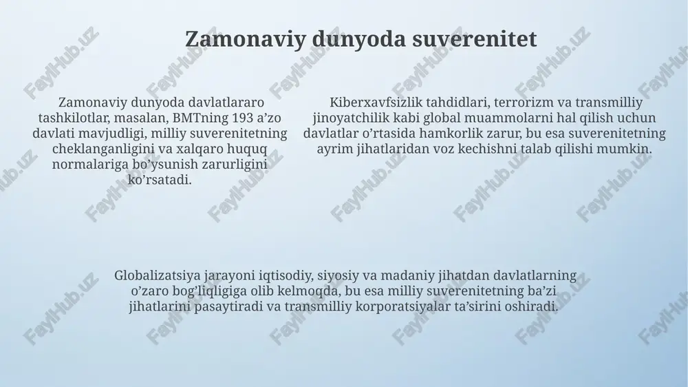 qdirini o'zi belgilash huquqi, shu jumladan, referendumlar orqali muhim qarorlar qabul qilish imkoniyatini beradi va bu jarayonda 50% dan ortiq ovoz kerak bo'ladi. o'zbekiston respublikasining davlat tuzumida xalq suvereniteti printsipi, parlament, prezident va sud hokimiyatining 3 tarmog'i orqali ta'minlanadi. suverenitetning buzilishi davlat suvereniteti 193 mamlakatning bmtga a’zoligi orqali xalqaro huquq doirasida himoyalangan bo'lsa-da, ichki ishlarga aralashuvlar orqali buzilishi mumkin. 2001-yildagi 11-sentyabr terroristik hujumlari aqshning milliy suverenitetini jiddiy buzgan holda, xalqaro hamkorlik va terrorizmga qarshi kurashning ahamiyatini ta'kidladi. 2001-yildagi 11-sentyabr terroristik hujumlari aqshning milliy suverenitetini jiddiy buzgan holda, xalqaro hamkorlik va terrorizmga qarshi kurashning ahamiyatini ta'kidladi. madaniy suverenitet madaniy suverenitetni ta'minlash uchun davlat 30% gacha davlat byudjeti mablag'larini madaniy dasturlarni moliyalashtirishga yo'naltirishi kerak, shu bilan birga xususiy sektorning ham ishtiroki muhim ahamiyatga ega. madaniy suverenitet davlatning milliy madaniyatini himoya qilish va rivojlantirishga qaratilgan 5 ta asosiy yo'nalishni o'z ichiga oladi, jumladan, til, adabiyot va san'atni qo'llab-quvvatlash. 21-asrda madaniy suverenitet globalizatsiya jarayonlariga …