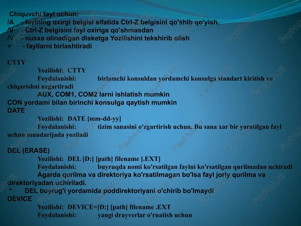 nda ko'rish; ver - dos versiyasini aniqlash; vol - formatlash jarayonida diskka quyilgan belgini ko'rsatish ms-dos tashqi buyruqlari operatsion sistema bilan birgalikda tavsiya etiladigan, aloxida-aloxida fayl ko’rinishidagi dasturlar bo’lib, bu buyruqlar quyidagilardir: append - berilganlarni izlash uchun qushimcha kataloglarni belgilash; assign - disk yurituvchi mantiqiy nomini (harfni) o'zgartirish; attrib - fayl atributini ko'rsatish yoki o'zgartirish; backup - fayllarning arxiv nusxalarini yaratish; chkdsk - diskni tekshirish va ma’lumot olish; command - ms dos buyruq protsessorini ishga tushirish; debug – yuklovchi fayllarni islash jarayonini dizassemblerlanishini ko'rib chiqish; diskcomp – yumshoq disklarni solishtirish; diskcopy - yumshoq diskdan nusxa olish; edlin - sodda matn muharriri; exe2bin - exe faylini ikkilik kodga o'tkazish; fastopen - fayllarni ochish tezligini oshirish; fc - fayllarni solishtirish; fdisk - qattiq diskni konfigurasiyasini o’rnatish; find - fayldagi biror jumlani izlash; format - diskni formatlash; graphics - ekrandagi tasvir nusxasini bosmaga tayyorlash; help - dos buyruqlari haqida ma'lumotlar beruvchi yordamchi fayl; …