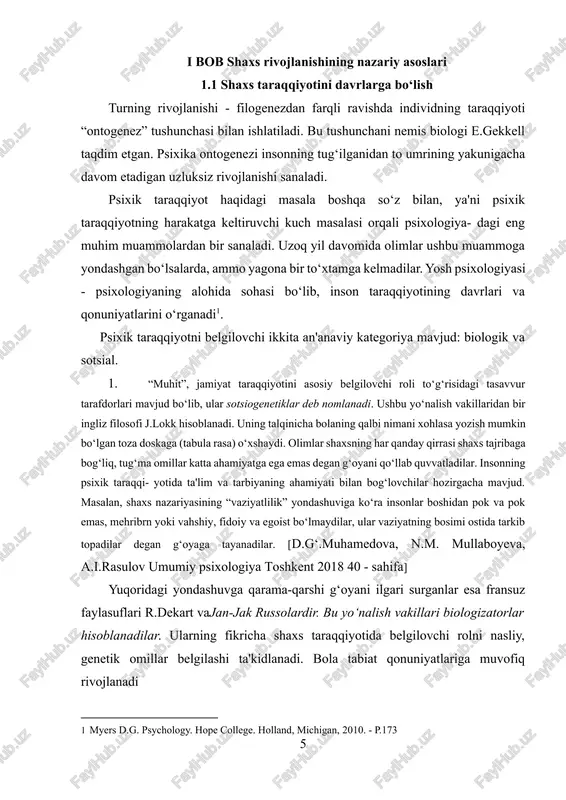 lgan bo‘lib, unga intilish ijtimoiy, jamiyatdagi muhit bilan o‘zaro to‘qnash keladi. reallik prinsipiga ko‘ra inson dunyodagi munosabatlarda namoyon bo‘ladi. tarbiya tufayli reallik va qoniqish prinsipi ziddiyatga uchraydi. shunday qilib, ikkala prinsip o‘rtasidagi ziddiyatlar tufayli jamiyat bilan mayllar o‘rtasidagi nizo shaxsning turli instatsiyalari -“kayvoniy men” va “u” o‘rtasidagi tafovutda aks etadi. “kayvoniy men” o‘zida shaxsning sotsial rollarni o‘zlashtirishi, “u” esa insondagi tabiiy boshlang‘ich manba, chuqur mayllarni ifodalaydi[footnoteref:2]. [d.g‘.muhamedova, n.m. mullaboyeva, a.i.rasulov umumiy psixologiya toshkent 2018 41 - sahifa] [2: myers d. g. psychology. hope college. holland, michigan, 2010. - r. 555.] psixikaning irratsional (aqliy bilish jarayonlaridan tashqari) tarkibiy qismlari bo‘lmish emotsiya, mayl va shu kabilar yordamida shaxs xulqini tahlil qiluvchi nazariya psixodinamika deyiladi. mazkur nazariyaning yirik namoyondalaridan biri - bu amerikalik psixolog e.eriksondir. u shaxs rivojini 8 ta davrga ajratadi va ularning har qaysisi o‘ziga xos betakror xususiyatga egadir. birinchi davr - go‘daklik. ushbu davrda go‘dakda ongsizlikka asoslangan tashqi dunyoga nisbatan …