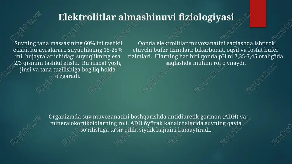 azning buzilishi, asab sistemasi faoliyatining buzilishi va boshqa og'ir asoratlarga olib kelishi mumkin. bu holatlarda nafas olish, yurak-qon tomir va boshqa tizimlarda jiddiy o'zgarishlar ro'y berishi mumkin. suv-elektrolit muvozanati buzilganda, organizmda 60-80% ni tashkil etadigan suvning normal miqdordan ortib ketishi (gipergidratatsiya) yoki kam bo'lishi (dehidratatsiya) mumkin. ushbu holatlar hujayralar faoliyatiga salbiy ta'sir ko'rsatadi va turli xil kasalliklarni keltirib chiqarishi mumkin. elektrolitlar almashinuvi buzilishining davolash gipokalemiya bilan og‘rigan bemorlarga kaliy preparatlari (kaliy xlorid, panangin) kuniga 40-80 meq gacha og‘iz orqali yoki tomir ichiga yuboriladi. kaliy miqdori qon plazmasida 3,5-5,0 mmol/l dan kam bo‘lganda yuboriladi. gipermagnesemiya holatlarida kaltsiy glukonati tomir ichiga sekin yuboriladi. kaltsiy glukonati 10% li eritma kuniga 10-20 ml gacha yuboriladi. kaltsiy miqdori qonda 0,8-1,1 mmol/l dan ortiq bo‘lganda qo‘llaniladi. elektrolitlar muvozanatini tiklash uchun infuzion terapiya qo‘llaniladi, bu yerda 0,9% li natriy xlorid, ringer laktat, izotonik glyukoza eritmalari va boshqa eritmalar qo‘llaniladi. suyuqlik yo‘qotish darajasiga qarab 1-5 litr gacha eritma …