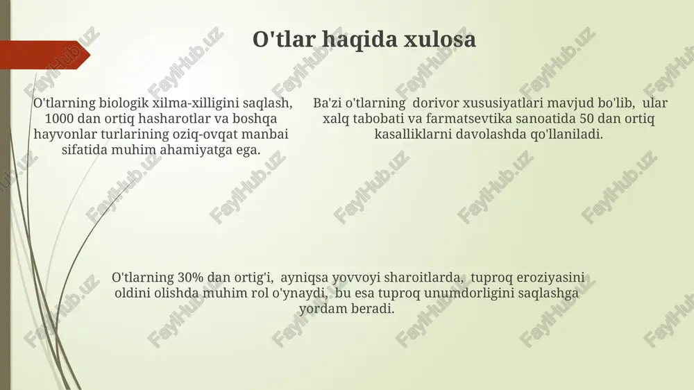 bo'lib, bu ularning yashash joylari va oziq-ovqat manbalari sifatida ahamiyatini ko'rsatadi. o'tlar va bioyoqilg'i o'tlarning ba'zi turlari, masalan, miscanthus, yillik 12 tonna/gektar biomasani hosil qila oladi, bu esa an'anaviy bioyoqilg'i manbalariga nisbatan yuqori samaradorlikni ta'minlaydi. o'tlar biodizel va bioetanol ishlab chiqarishda xom ashyo sifatida ishlatilishi mumkin, bu esa karbon emissiyasini kamaytirishga va energiya xavfsizligini ta'minlashga yordam beradi. ushbu jarayon taxminan 20% energiya tejashga olib kelishi mumkin. o'tlarning turli xil turlari turli xil biokimyoviy tarkibga ega bo'lib, bu ularning turli xil bioyoqilg'i turlariga aylantirish imkoniyatlarini oshiradi; masalan, kamida 5 turdagi o't bioetanoli ishlab chiqarishga yaroqlidir. o'tlarning ekologik ahamiyati o'tlarning xilma-xilligi, ya'ni 50 dan ortiq turdagi o'tlarning mavjudligi, ekosistemaning turg'unligini va hasharotlarning biologik xilma-xilligini oshiradi. o'tlar tuproqning eroziyasini 20-30% ga kamaytiradi, shu bilan unumdorlikni saqlash va suv resurslarini himoya qilishga yordam beradi. ba'zi o't turlari, masalan, dukkakli o'tlar, havo azotini tuproqqa bog'lash orqali o'simliklar uchun muhim ozuqa moddalarini ta'minlaydi, bu jarayon biofertilizatsiya …