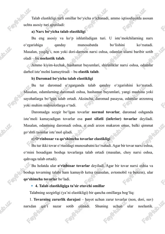 ishlab chiqarishni ko‘paytira olsa, taklif elastik. · narx oshgan bo‘lsa ham ishlab chiqarish imkoniyati cheklangan bo‘lsa (masalan, yer maydoni, tabiiy resurslar), taklif noelastik bo‘ladi. 🔹 6. taklif elastikligiga ta’sir etuvchi omillar 1. ishlab chiqarish muddati – qisqa muddatda ishlab chiqaruvchilar ishlab chiqarish hajmini o‘zgartira olmaydi (masalan, yangi zavod qurish kerak bo‘lsa). shuning uchun qisqa muddatda taklif odatda noelastik, uzoq muddatda esa elastik bo‘ladi. 2. resurslarning mavjudligi – agar xomashyo, ishchi kuchi va texnologiya yetarli bo‘lsa, ishlab chiqarishni tez ko‘paytirish mumkin, bu esa taklifni elastik qiladi. 3. zaxiralar (omborlar) – agar ishlab chiqaruvchilarda tayyor mahsulot zaxiralari bo‘lsa, narx oshgan zahoti ular bozorga ko‘proq mahsulot chiqaradi. 4. texnologiya darajasi – texnologik jihatdan ilg‘or ishlab chiqaruvchilar bozor o‘zgarishiga tez javob berishadi, bu esa taklifni elastik qiladi. 5. ishlab chiqarish hajmini o‘zgartirish qiyinligi – ayrim tarmoqlarda (masalan, qishloq xo‘jaligi) ishlab chiqarish tabiatga bog‘liq, shuning uchun taklif noelastik. 🔹 7. talab va taklif elastikligining iqtisodiy …