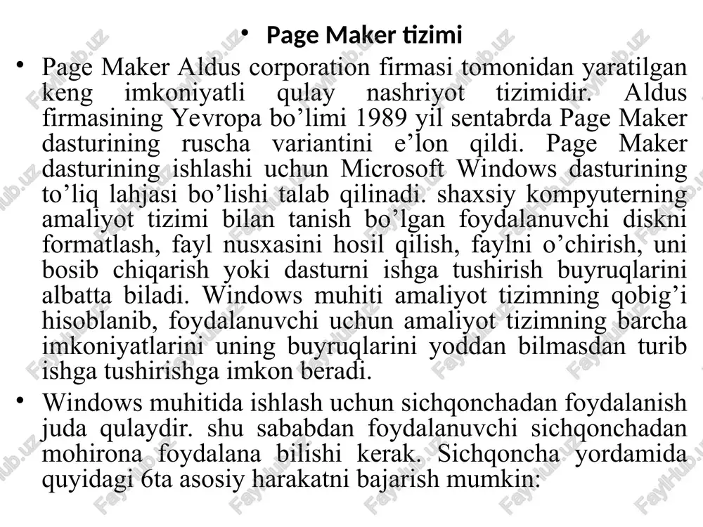 ari sintaksis xatolarni tekshiruvchi dasturlarni o’z ichiga oladi. tayyorlangan matnni nashriyot dasturiga uzatishdan oldin albatta uning xatolarini tekshirish lozimdir. chunki, nashriyot dasturida tuzatilgan matnni qayta matn muharririga uzatish mumkin emas, word matn muharririda turli shriftlardan foydalanish imkoniyati bor. shuning uchun matnni tahrirlab bosib chiqarishda shu matn muharrirlaridan foydalanish mumkin. qo’lyozmani formatlash page maker dasturi matn muharririda yuborilgan sahifa raqamlari, kolontitul va matnning o’ng chegarasi kabi formatlash elementlarini qabul qilmaydi. lekin quyidagilarni qabul qiladi: shriftlar (garnitura va kegl), interlinyaj, bosh harf va kichik harflar, qo’shtirnoq va tire simvollarini avtomatik ravishda moslashtiradi; matn muharririda o’rnatilgan chap chegara o’zgarishsiz qoladi. page maker matn satrini ustun kengligida ajratadi; matnning chap va o’ng chegaralari page maker dasturi o’rnatgan ustunlar chegarasiga asosan hisoblanadi. misol uchun, matnli faylda chap chegara 1 duym qilib berilgan bo’lsa, u holda page maker matnni joylashtirishda ustunning chap tomonidan 1 duym joy qoldiradi; enter yoki return klavishalari paragrafning oxiri deb qabul qilinadi; …