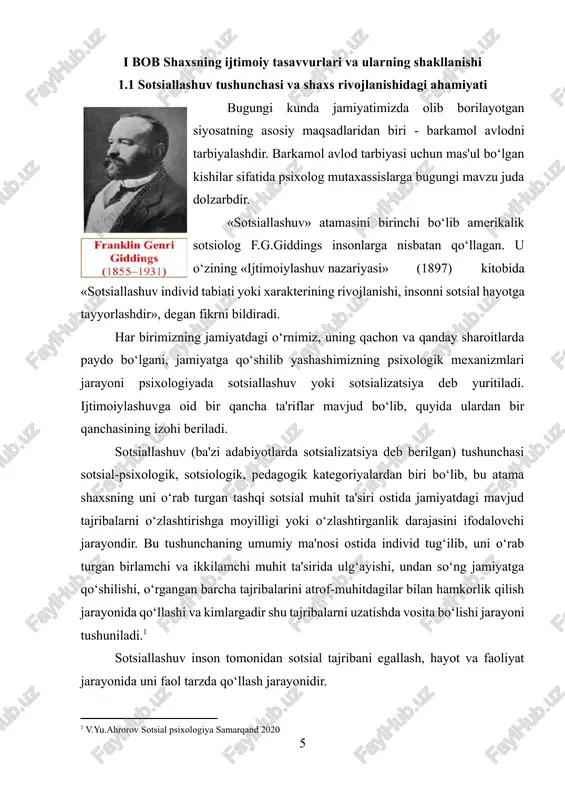 aolligi hamda jamiyatdagi faol ishtiroki orqali sotsial aloqalarni o‘rnatishdir. sotsiallashuv g‘oyasini psixologiya sohasiga kiritgan hamda bu muammoni sotsial psixologik bilimlarni rivojlantirish uchun muammo sifatida olib kirgan olimlar sotsiallashuvning aynan shu ikki tomoniga katta e'tibor qaratishgan. sotsiallashuv jarayonining birinchi tomoni - sotsial malakalarni o‘zlashtirish - bu jamiyatni insonga ta'sir etuvchi tavsifi, ikkinchi tomoni esa - inson faolligi - insonning jamiyatga o‘zining faoliyati orqali ta'sir etishidir. bunda inson faolligi pozitsiyasi - sotsial aloqalarga har qanday ta'sir ma'lum bir qaror qabul qilish va keyinchalik shu qarorni bajarish uchun ma'lum bir faoliyat strategiyasini ishlab chiqish orqali tushuntiriladi. sotsiallashuv jarayoni shu keltirilgan tushuntirishlar orqali shaxs shakllanish jarayoniga qarshi chiqmaydi, lekin, bu muammoga turli tomondan yondashishni talab qiladi. g.m.andreyevaning fikriga ko‘ra, «yosh psixologiyasi uchun bu muammo «shaxs» mavzusiga taalluqli bo‘lsa, sotsial psixologiya uchun «shaxsning jamiyatga ta'siri» tomondan qiziqroq hisoblanadi». shu o‘rinda sotsiallashuv jarayoniga ta'sir etuvchi omillarni ko‘rsatib o‘tishni lozim topdik. bular: biologik kontekst va madaniy kontekst.[footnoteref:3] …