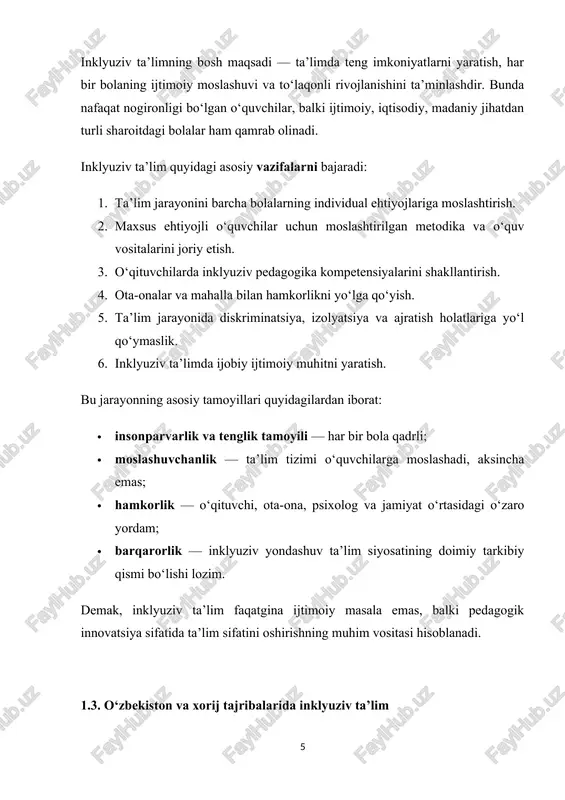limni rivojlantirish bo‘yicha qo‘shimcha chora-tadbirlar to‘g‘risida” deb nomlanib, barcha ta’lim bosqichlarida inklyuziv muhitni yaratish bo‘yicha aniq vazifalarni belgilab berdi. hozirda 200 dan ortiq maktablarda pilot loyihalar asosida inklyuziv sinflar faoliyat yuritmoqda. o‘zbekiston tajribasida inklyuziv ta’limni rivojlantirishda: · pedagog kadrlarni maxsus tayyorlash, · metodik qo‘llanmalarni ishlab chiqish, · ota-onalar bilan ishlash tizimini takomillashtirish, · moddiy-texnik bazani moslashtirish asosiy yo‘nalishlar sifatida ko‘zda tutilgan. xorijiy mamlakatlar tajribasi ham bu borada muhim ahamiyatga ega. masalan: · finlyandiyada har bir bola individual ta’lim rejasiga ega bo‘ladi, bu reja o‘qituvchi, psixolog va ota-ona ishtirokida ishlab chiqiladi. · buyuk britaniyada “special educational needs and disability act” (2001) asosida barcha maktablarda maxsus ehtiyojli o‘quvchilar uchun qo‘llab-quvvatlash markazlari tashkil etilgan. · yaponiyada esa inklyuziv ta’lim “barobar ishtirok” tamoyili asosida amalga oshiriladi, bunda nogiron o‘quvchilar sinfdoshlarining kundalik faoliyatida faol qatnashadi. shu orqali ko‘rinadiki, inklyuziv ta’limning muvaffaqiyati pedagogik, tashkiliy va ijtimoiy jihatdan kompleks yondashuvni talab etadi. o‘zbekiston ham bu yo‘lda o‘zining …