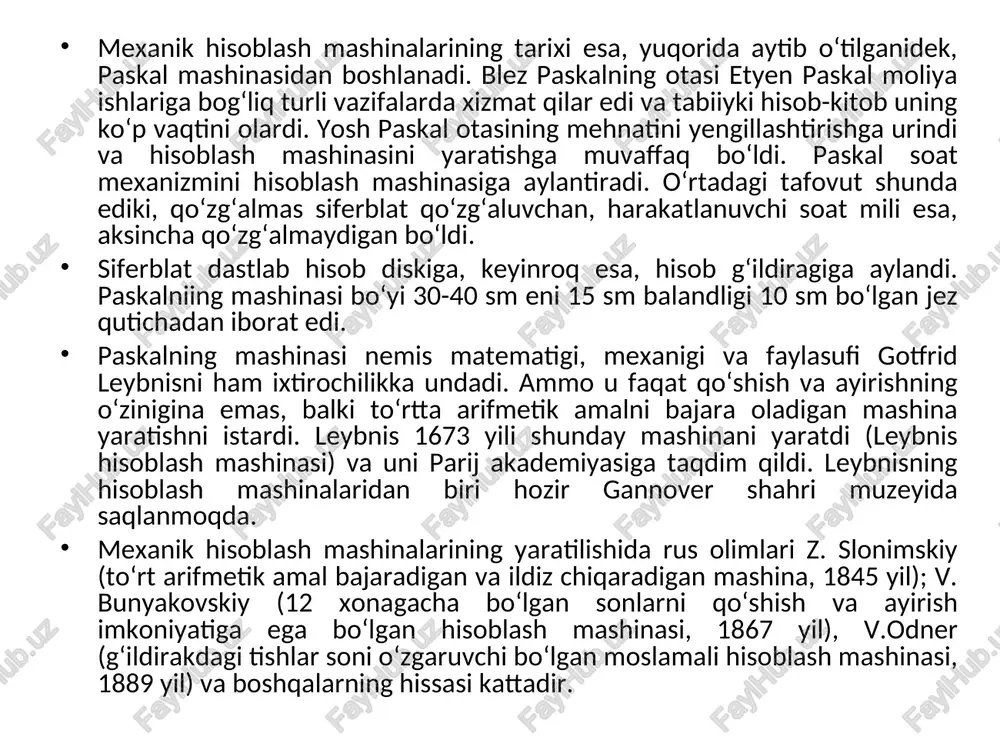 nalarida mos qurilmalar qo‘l kuchi bilan harakatga keltirilar edi. endi mana shu vazifani elektr energiyasi yordamida amalga oshiruvchi hisoblash mashinalari paydo bo‘la boshladi. shuning uchun ham bunday mashinalar elektromexanik hisoblash mashinalari deyiladi. elektromexanik hisoblash mashinalarining deyarli hammasida sonlar mashinaga maxsus tugma yordamida kiritiladi. bunday mashinalardan rossiyada odner arifmometri kabi ishlaydigan o‘nta tugmali "vk-1" mashinasi, keyinroq esa, barcha arifmetik amallarni bajarish uchun yetarli sonda tugmalari bo‘lgan hisoblash mashinalari yaratiladi. shuni aytish kerakki, bunday mashinalar mexanik mashinalarga nisbatan takomillashganligiga qaramay, unda mutaxassis-laborant 8 soatlik ish kunida hammasi bo‘lib 200 amal bajara olar edi. elektron hisoblash mashinalari davri. elektromexanik mashinalar ham, o‘z navbatida, xx asr fan va texnikasi taraqqiyoti ehtiyojlarini qoniqtira olmay qoldi. bu mashinalarda hisoblash jarayoni ko‘p vaqt talab qilishi, ya’ni ishlash tezligi va amal aniqligining kichikligi sababli yanada tezroq hisoblaydigan, yangi xil mashinalar yaratish zaruriyati tug‘ildi. shu boisdan ham hisoblash mashinalarida yuqoridagi talablarni amalga oshirishga zamin yaratuvchi elektron lampalardan foydalanish ustida …