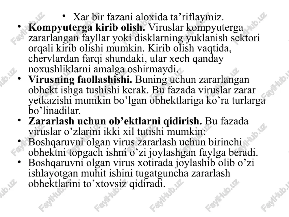 : disketa o’qishda albatta virus borligiga tekshirish; axborot nusxalarini ko’chirish, shuningdek disklar va axborotni saqlash uchun ishlatiladigan umumiy qoidalardan foydalanish, disklarni jismoniy zararlanishdan, dasturlarni esa buzilishdan saqlash; axborotdan noqonuniy foydalanishning oldini olish uchun dasturlardan foydalanishni cheklash, xususan, dastur va mahlumotlarning viruslar tahsirida o’zgarishidan, noto’g’ri ishlayotgan dasturlar va foydalanuvchilarning noto’g’ri harakatlaridan himoya qilish; viruslar bilan zararlanish ehtimolini kamaytiruvchi chora-tadbirlar; viruslar bilan kurashuvchi maxsus dasturlardan foydalanish. viruslar bilan kurashuvchi ba’zi dasturlar (antiviruslar) antiviruslarni quyidagicha guruhlash mumkin: detektor va doktor-viruslar bilan zararlangan fayllar va zararlantiruvchi virus turini aniqlaydigan dasturlar (aids, doktor web, virus scan, nu vs, kasperskiy, norton). bu turdagi antiviruslar fayllarda viruslarning bayt kombinatsiyalari mavjudligini tekshirib, mos bo’lgan axborotni ekranga chiqarib beradi. bahzi detektor dasturlar viruslarning yangi turlariga moslasha oladi, buning uchun shu viruslarga mos bo’lgan baytlar kombinatsiyasini belgilab berish kerak. doktorning vazifasi zararlangan fayllar va disk sohalarini tekshirib, ularni dastlabki holatiga qaytarishdir. tiklanmagan fayllar, odatda, ishlatib bo’lmaydigan holga tushadi yoki yo’q …