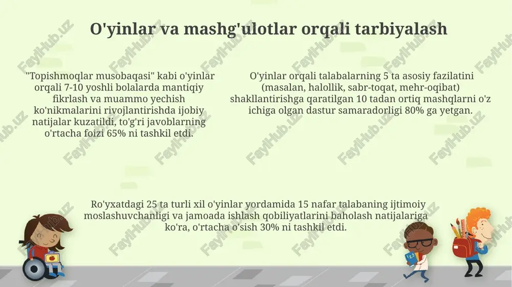 loq va bilimni shakllantirish orqali mukammal insonni yetishtirishdan iborat bo‘lib, bu 3 jihat bir-biri bilan uzviy bog‘liqdir. zamonaviy texnologiyalardan foydalanish interaktiv o'yinlar va simulyatsiyalar, jumladan, 3d modellashtirish, talabalarning 80% gacha bilimni o'zlashtirishini tezlashtirib, murakkab islomiy tushunchalarni osongina o'rgatishga yordam beradi. zamonaviy o'quv platformalari, masalan, edmodo yoki google classroom, 100 dan ortiq o'quvchilar bilan samarali onlayn ta'limni ta'minlab, interfaol mashqlar va baholash imkoniyatlarini beradi. zamonaviy o'quv platformalari, masalan, edmodo yoki google classroom, 100 dan ortiq o'quvchilar bilan samarali onlayn ta'limni ta'minlab, interfaol mashqlar va baholash imkoniyatlarini beradi. musobaqalar va rag'batlantirish o'quvchilarning ishtiroki va faolligiga qarab 10% dan 30% gacha bo'lgan qo'shimcha ballar berish, umumiy natijaga ijobiy ta'sir ko'rsatib, rag'batlantirish mexanizmini yanada mustahkamlaydi. musobaqalar orqali o'quvchilarning 5 ta asosiy xulq-atvor ko'nikmalarini (masalan, hurmat, sabr, halollik, mas'uliyat, hamkorlik) rivojlantirishga qaratilgan 3 bosqichli baholash tizimi samarali bo'ladi. har bir musobaqada kamida 20 nafar o'quvchi ishtirok etib, ularning yutuqlari ballar bilan baholansa va eng yaxshi …