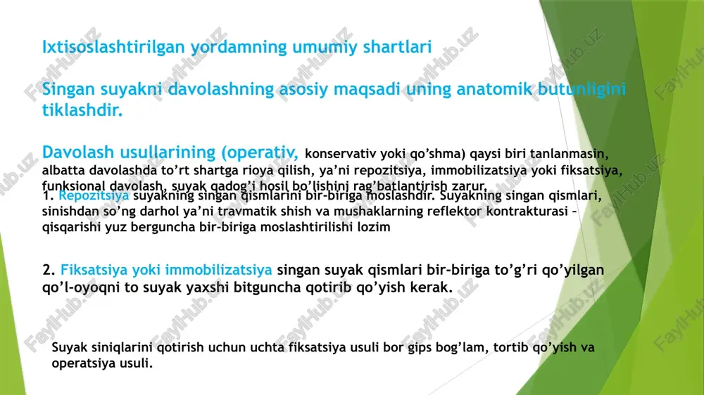 soatlardayoq) jarohatni birinchi xirurgik ishlashni bajarib, uning ifloslangan, zararlanib qon bilan ta'minlashi buzilgan to'qimalarini, yot jismlarini va suyak parchalarini olib tashlash lozim. agar shikastlangan bemor birinchi 8 soatda kasalxonaga keltirilsa, jarohatning chekkasi va tubi kesib olinadi, suyak qismlarini birbiriga to'g'rilab, jipslashtiriladi, jarohat tikiladi, ko'l yoki oyoq gips longetalari bilan taxtakachlanadi, 1-3 sutka o'tgach gips longetasi sirkular darchali gips bog'lami bilan mustahkamlanadi yoki yuqorida qayd qilingan operatsiya usuli ko'llaniladi. agar infeksiya belgilari bo'lmasa, jarohatni ishlashni 12, hatto 24 soatdan so'ng ham bajarish mumkin. unda baravariga mahalliy va umumiy antibiotikoterapiya o'tkaziladi. anaerob infeksiyasiga xavf bo'lsa, jarohat tikilmaydi, ochiq qoldiriladi, faqatgips bog'lami bilan fiksatsiya qilinadi. eʼtiboringiz uchun rahmat. image1.jpeg image2.jpeg image3.jpeg image4.jpeg image5.jpeg image6.png image7.png /docprops/thumbnail.jpeg