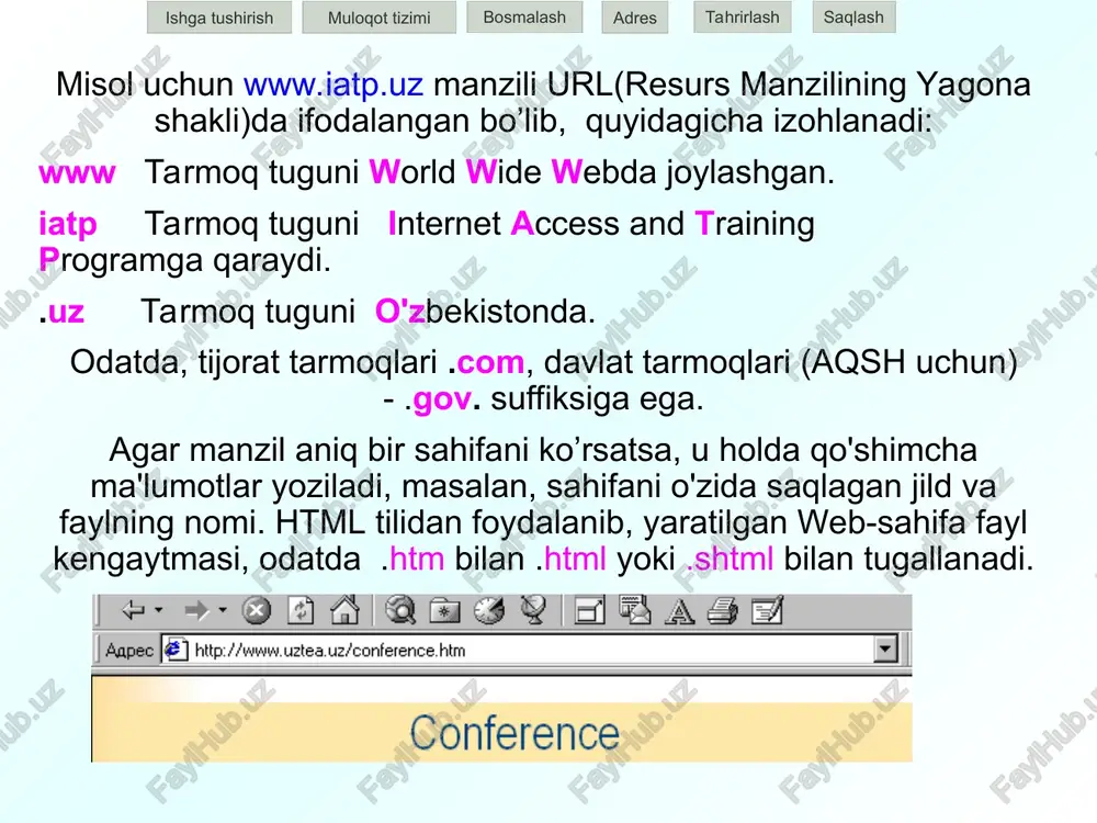 b sahifani oching. 2. izbrannoe menyusidan dobavit v “izbrannoe” bandini tanlang. 3.ushbu web-sahifa uchun mos jildni ko'rsating yoki yangi jild ochib ok tugmasini bosing. tanlangan manzillar (izbrannoe) tanlangan sahifalardan birini ochish uchun qurollar panelidagi “izbrannoe” tugmasini bosing va hosil bo'lgan ro'yxatdan kerakli sahifani tanlang. ishga tushirish muloqot tizimi bosmalash adres saqlash tahrirlash * 1. servis menyusining/svoystva obozrevatelya bandi faollashtiriladi. 2. kontroller(soderjanie) guruhidan/ vklyuchit bandi faollashtiriladi. 3. agar kirish(dostup) paroli berilmagan bo'lsa, uni siz berishingizga to'gri keladi. agar berib bo'lingan bo'lsa, u holda uni kiritish kerak bo'ladi. 4. agar siz sozlashga birinchi bor murojaat qilayotgan bo'lsangiz, u holda ro'yxatdan tegishli bo’limlarni tanlab belgilarni foydalanilmoqchi bo'lgan chegaraga qo'ying. bu amallarni siz chegaralamoqchi bo'lgan hamma bo'limlarga qaytaring. ko'rish taqiqlangan hujjatlarni himoyalash ishga tushirish muloqot tizimi bosmalash adres saqlash tahrirlash * unknown-0.unknown