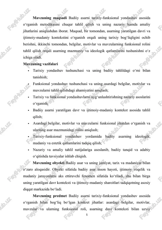ahlil qilish katta ahamiyatga ega. ijtimoiy-madaniy muhitni o‘rganish asarning mazmuni va syujet rivojlanishini tushunishga yordam beradi, chunki belgilar va ularning harakatlari ko‘pincha jamiyatdagi ijtimoiy munosabatlar, qadriyatlar va me’yorlar bilan bevosita bog‘liq bo‘ladi. tarixiy kontekst esa asardagi hodisalar, voqealar va belgilarni to‘g‘ri talqin qilishda asosiy vosita hisoblanadi.[footnoteref:2] asarning yaratilgan davrini, siyosiy va iqtisodiy sharoitini, ijtimoiy qatlamlar va madaniy an’analarning ta’sirini bilish tadqiqotchiga asardagi motivlar va mavzularni chuqurroq anglash imkonini beradi. masalan, ma’lum bir davrda yuzaga kelgan ijtimoiy tengsizlik yoki siyosiy o‘zgarishlar belgilar va syujet rivojida o‘z aksini topadi, shuning uchun tarixiy sharoitni hisobga olmagan holda asarni tahlil qilish yetarli natija bermaydi. [2: karimov, f. badiiy asarni tahlil qilishda funksional yondashuv. toshkent, 2019.] ijtimoiy-madaniy muhitni tahlil qilish jarayonida tadqiqotchi asardagi belgilar va ularning o‘zaro munosabatlarini jamiyatning ijtimoiy me’yorlari va qadriyatlari bilan solishtiradi. shu tariqa, asardagi voqealar va obrazlar faqat badiiy tafakkur mahsuli sifatida emas, balki o‘sha davr hayotining aks ettiruvchi elementi sifatida …